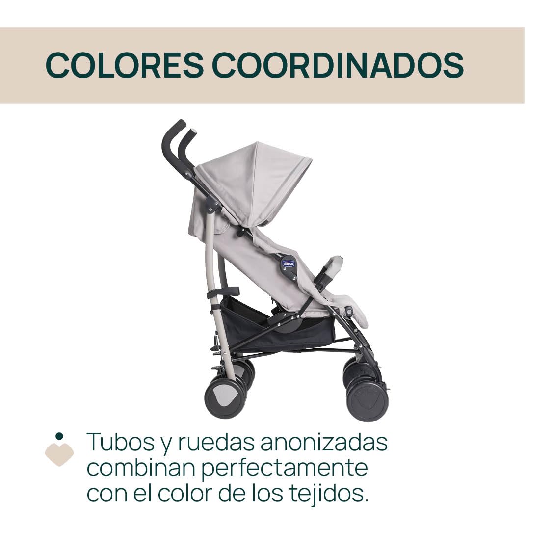 Chicco Echo Lite, Silla de Paseo Bebé Ligera, 0+ Meses-22 Kg, Respaldo Reclinable en 4 Posiciones, Asiento Espacioso, Paragolpes, Cierre Paraguas, Frenos Gemelos y Ruedas Delanteras Giratorias, Beige