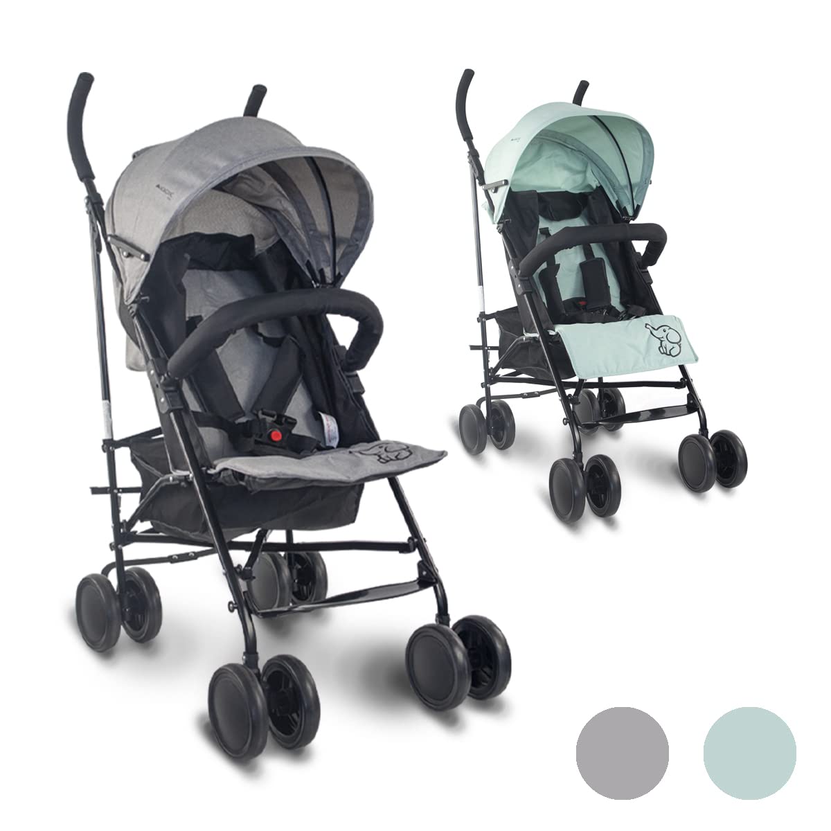 Mobiclinic Elefant Silla de Paseo Ligera y Plegable, Respaldo Reclinable, Arnés de 5 Puntos, Ruedas Extraíbles, Sistema de Seguridad Doble, Color Gris y Negro