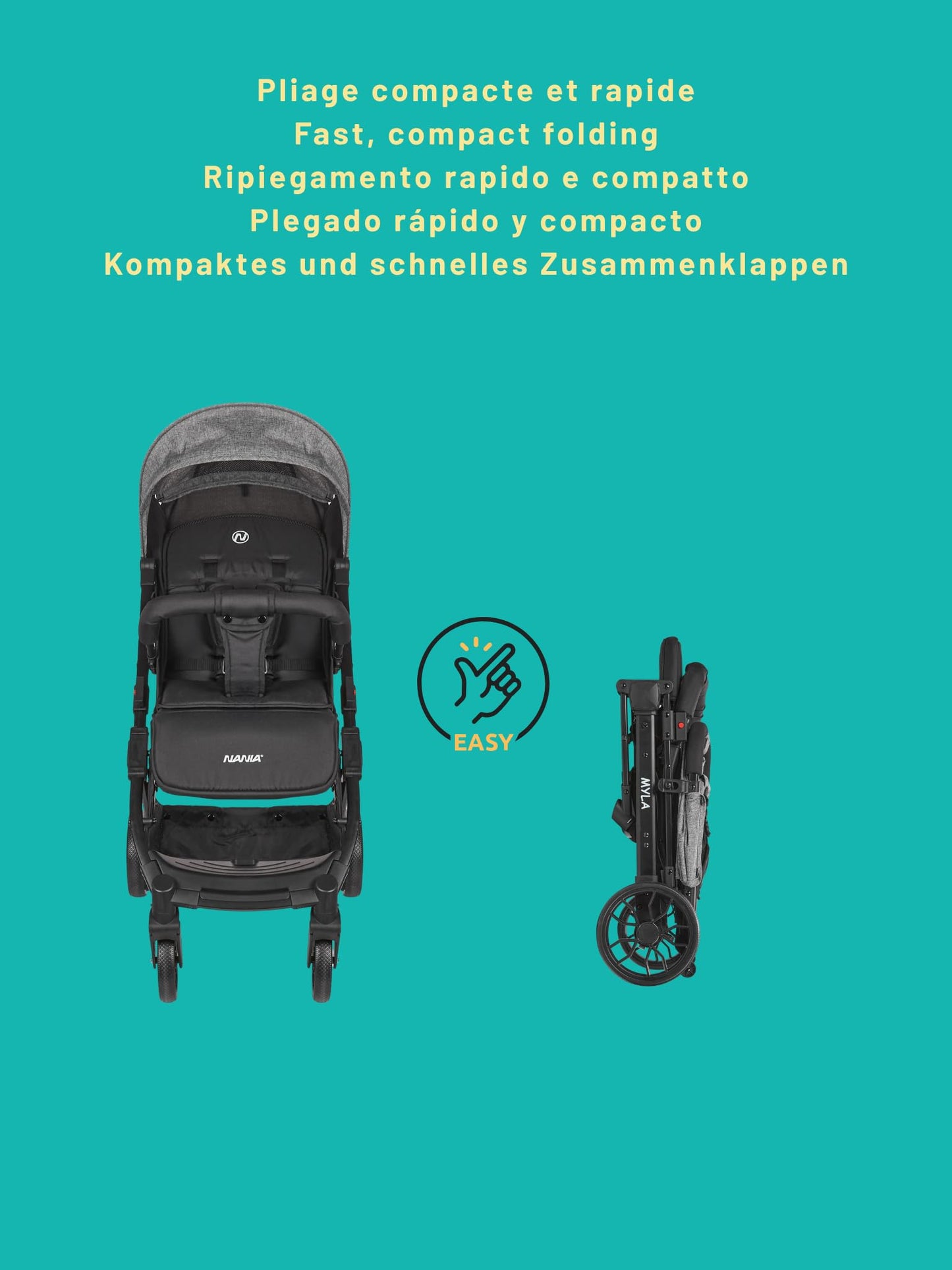 Cochecito de Paseo Nania Myla, Reclinable y Compacto, desde 0 a 4 Años (hasta 22 kg), Plegado tipo Trolley, Ligero (7,5 kg), Gran Cesta de Almacenamiento