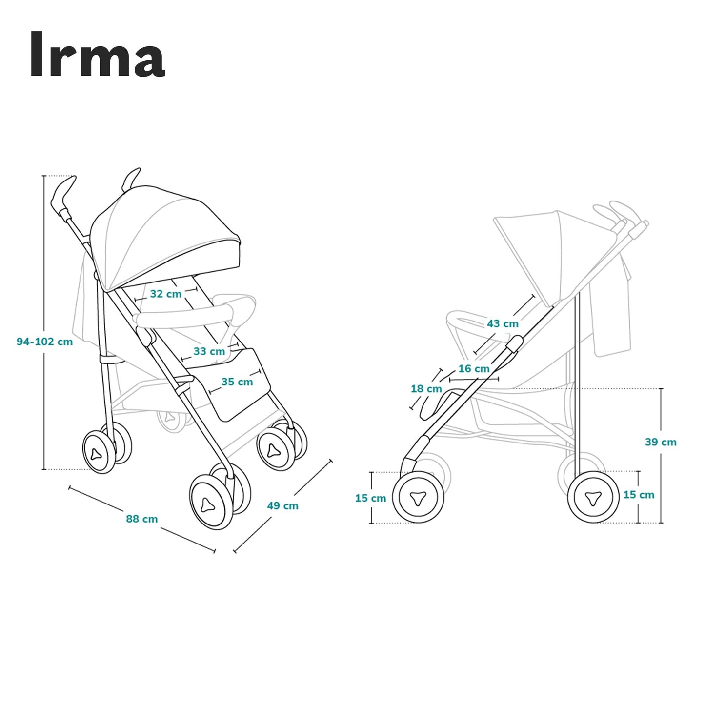 Cochecito LIONELO Irma Reclinable y Plegable, hasta 15 kg, Diseño Ligero y Moderno, Ruedas de 6", Cesta Amplia, Incluye Bolsa y Mosquitera