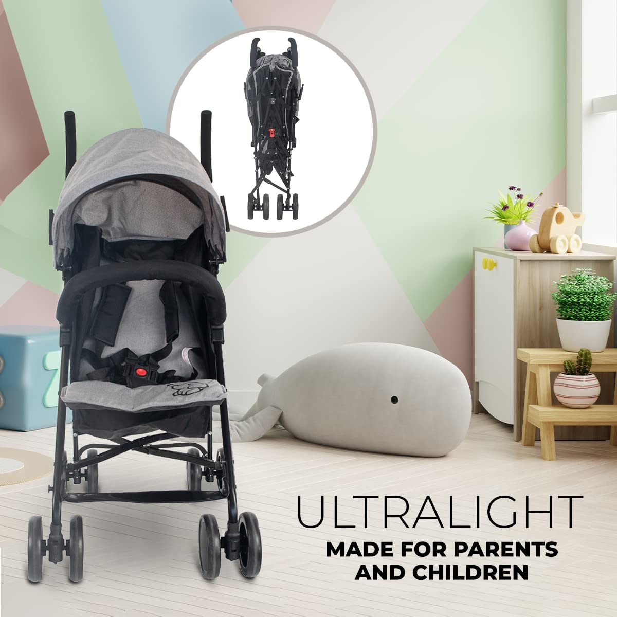 Mobiclinic Elefant Silla de Paseo Ligera y Plegable, Respaldo Reclinable, Arnés de 5 Puntos, Ruedas Extraíbles, Sistema de Seguridad Doble, Color Gris y Negro