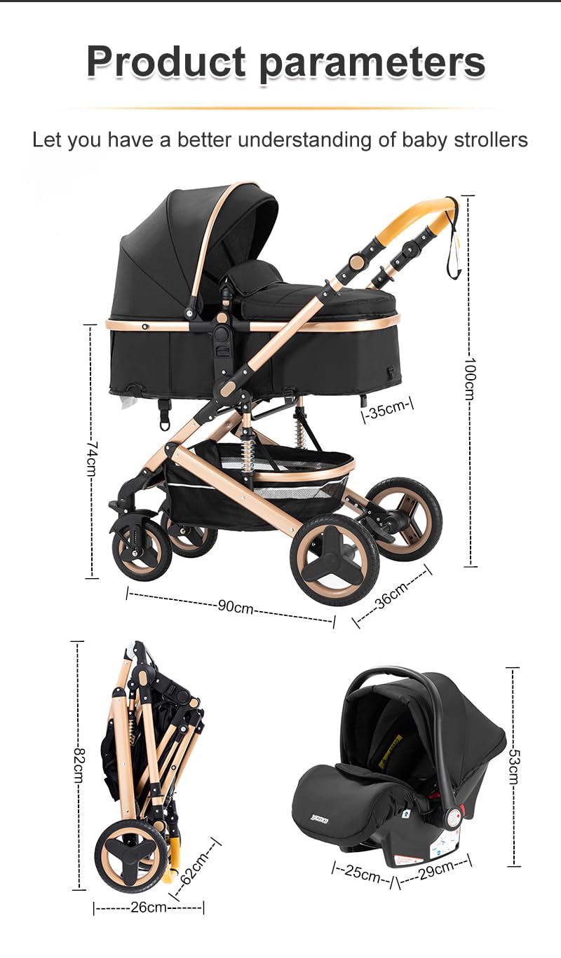 YAZOCO carrito bebe 3 en 1, Cochecito de Bebé Combinado Compacto Todoterreno Lujoso Paisaje Alto Cuatro Veces 0-36 Kg Sillas de paseo BastóN Plegable Accesorios CóModos (2 Negro)