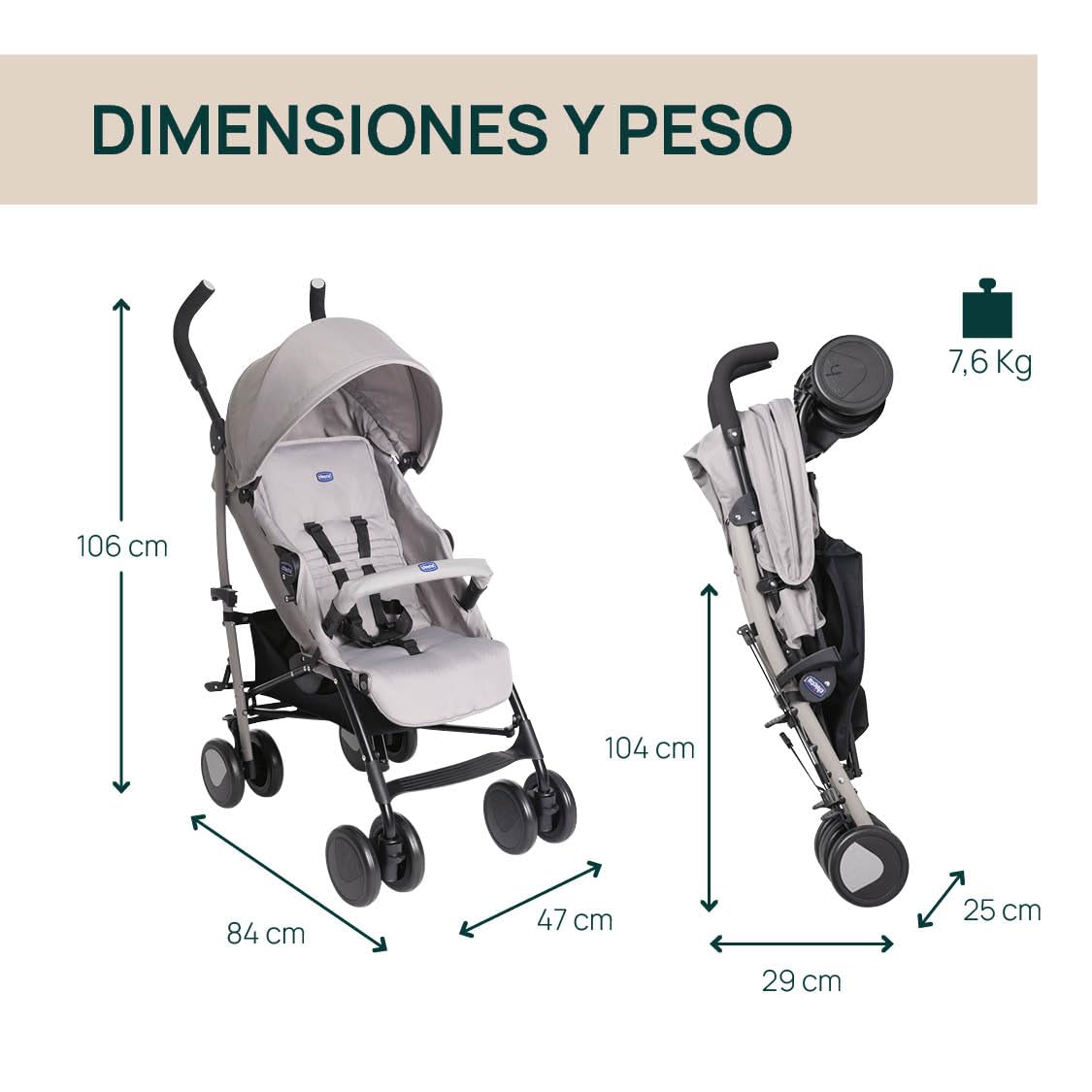 Chicco Echo Lite, Silla de Paseo Bebé Ligera, 0+ Meses-22 Kg, Respaldo Reclinable en 4 Posiciones, Asiento Espacioso, Paragolpes, Cierre Paraguas, Frenos Gemelos y Ruedas Delanteras Giratorias, Beige