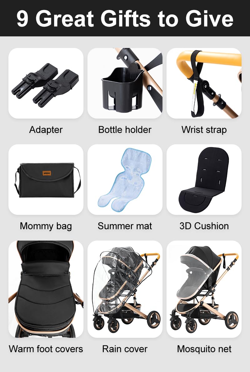 YAZOCO carrito bebe 3 en 1, Cochecito de Bebé Combinado Compacto Todoterreno Lujoso Paisaje Alto Cuatro Veces 0-36 Kg Sillas de paseo BastóN Plegable Accesorios CóModos (2 Negro)