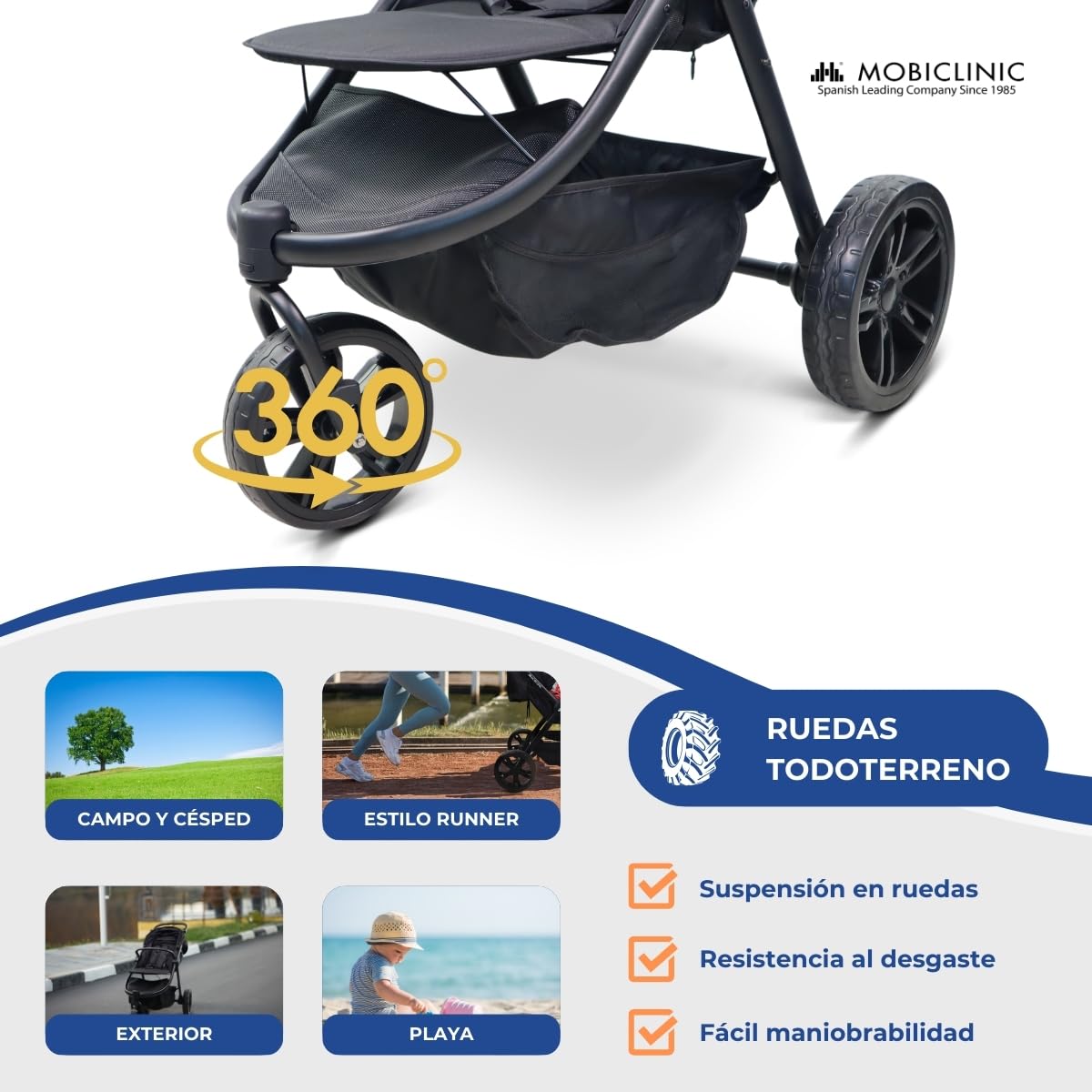 Mobiclinic® kids, Silla de paseo 3 ruedas, Agnes, Todoterreno, Manillar monomando, Arnés 5 puntos, Bolsillo trasero, Estilo deportivo, Plegado con un clic, Cesta xxl, Hasta 22 kg