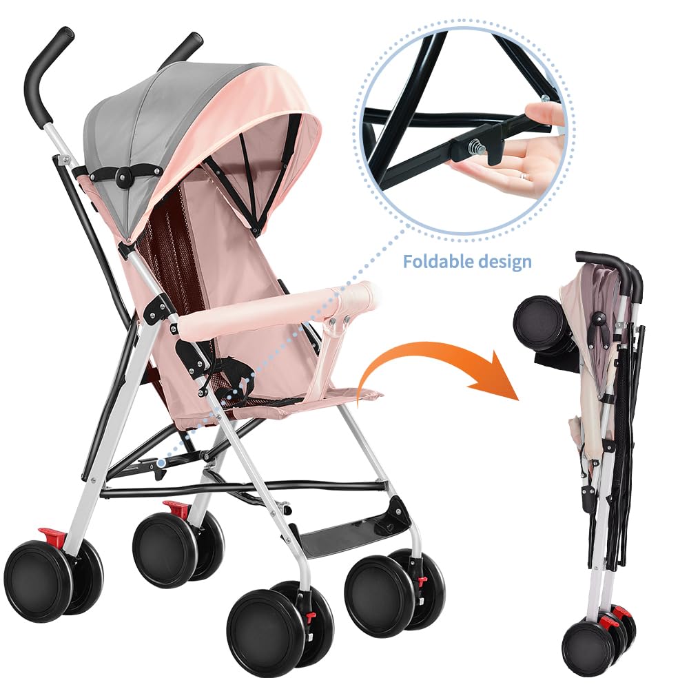 XUANYU - Cochecito compacto y plegable con alfombra fresca, cochecito de viaje plegable para bebé, de 6 meses a 4 años, hasta 25 kg (rosa)