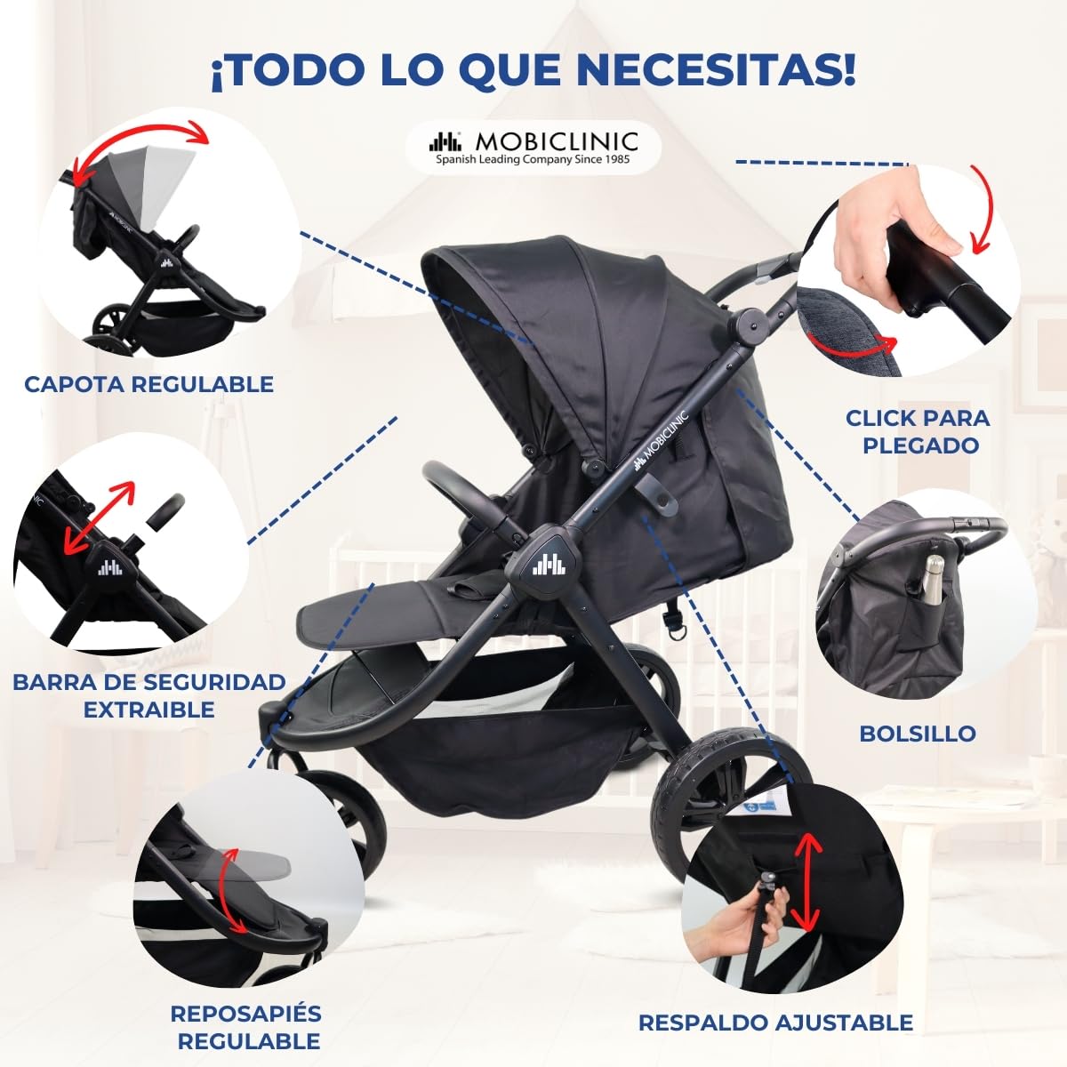 Mobiclinic® kids, Silla de paseo 3 ruedas, Agnes, Todoterreno, Manillar monomando, Arnés 5 puntos, Bolsillo trasero, Estilo deportivo, Plegado con un clic, Cesta xxl, Hasta 22 kg