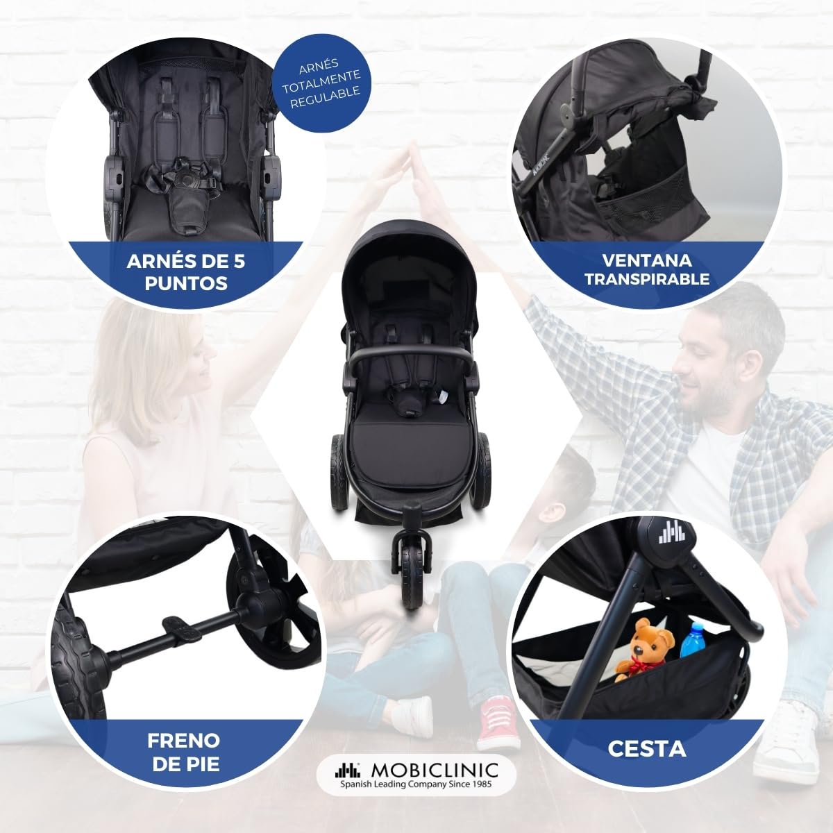 Mobiclinic® kids, Silla de paseo 3 ruedas, Agnes, Todoterreno, Manillar monomando, Arnés 5 puntos, Bolsillo trasero, Estilo deportivo, Plegado con un clic, Cesta xxl, Hasta 22 kg