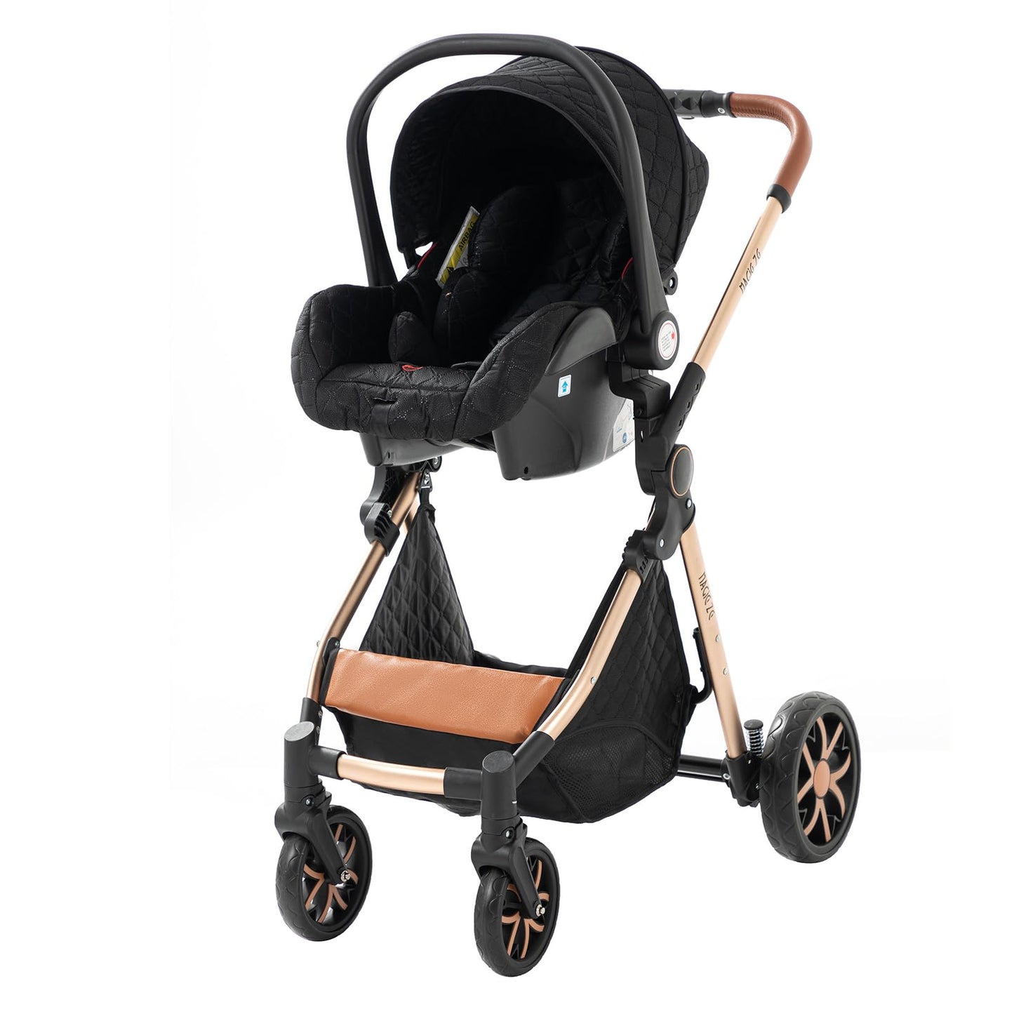 MoLi Carrito de Bebe 3 en 1, Carro 3 Piezas Plegado Conveniente con Un Solo Clic, Carrito Bebe con Modo de Doble Empuje Reversible, Cochecito Tres Piezas Paisaje Alto (225 Black Gold)