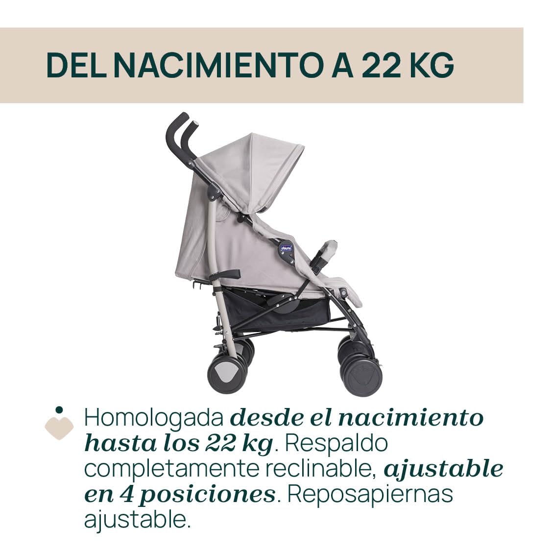 Chicco Echo Lite, Silla de Paseo Bebé Ligera, 0+ Meses-22 Kg, Respaldo Reclinable en 4 Posiciones, Asiento Espacioso, Paragolpes, Cierre Paraguas, Frenos Gemelos y Ruedas Delanteras Giratorias, Beige