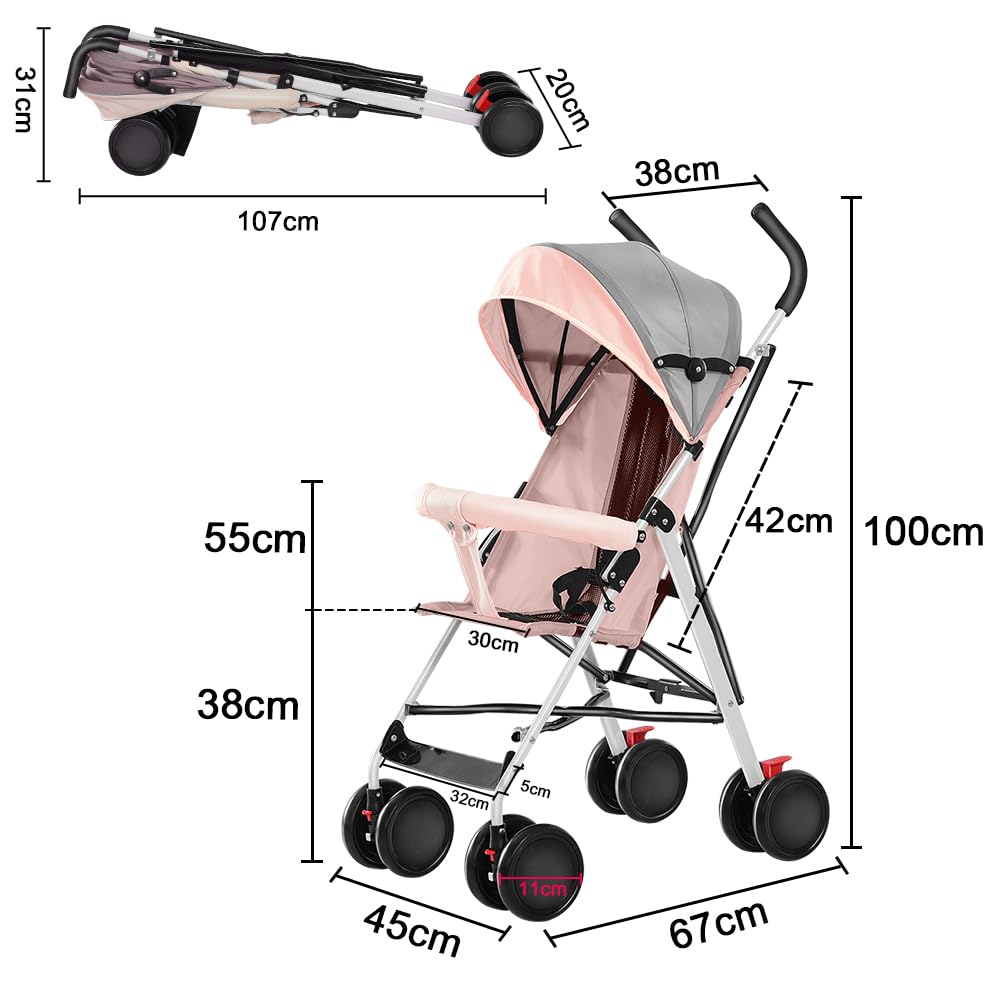 XUANYU - Cochecito compacto y plegable con alfombra fresca, cochecito de viaje plegable para bebé, de 6 meses a 4 años, hasta 25 kg (rosa)