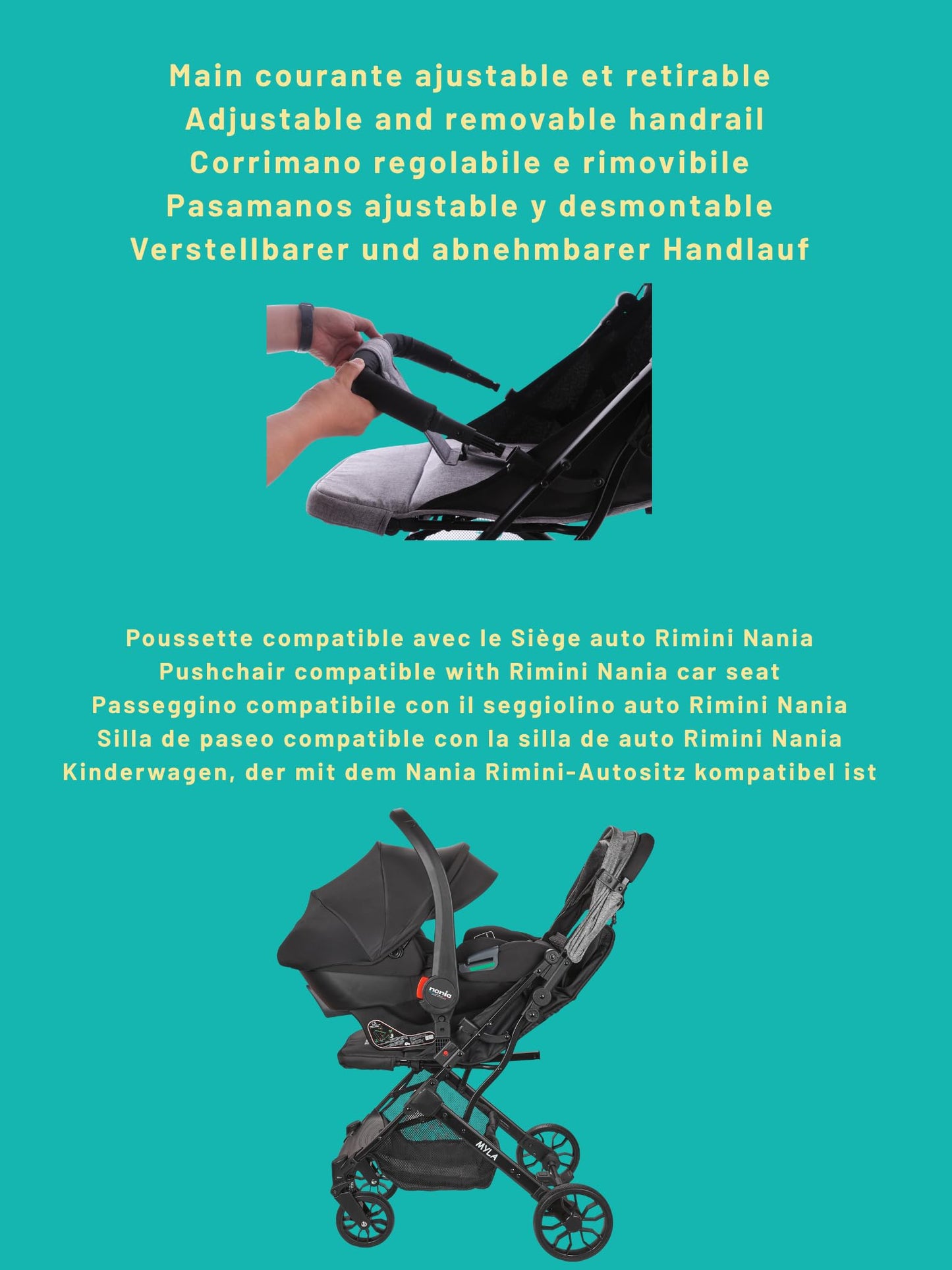 Cochecito de Paseo Nania Myla, Reclinable y Compacto, desde 0 a 4 Años (hasta 22 kg), Plegado tipo Trolley, Ligero (7,5 kg), Gran Cesta de Almacenamiento