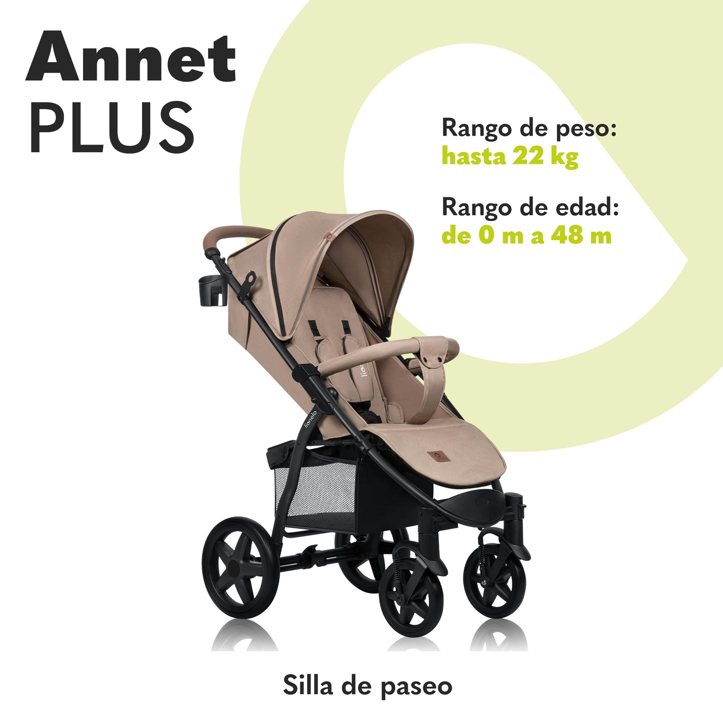Lionelo Annet Silla de Paseo para Bebés y Niños hasta 22 kg, Respaldo Reclinable hasta Posición Horizontal, Capota XXL con Ventana, Mosquitera y Plegado Fácil – Color Beige