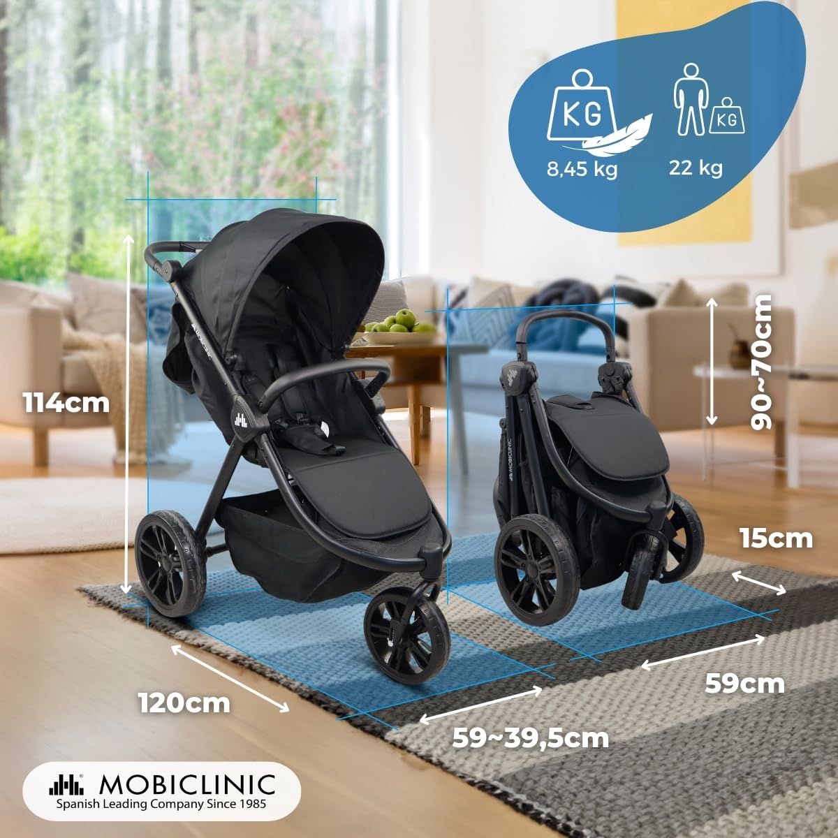 Mobiclinic® kids, Silla de paseo 3 ruedas, Agnes, Todoterreno, Manillar monomando, Arnés 5 puntos, Bolsillo trasero, Estilo deportivo, Plegado con un clic, Cesta xxl, Hasta 22 kg