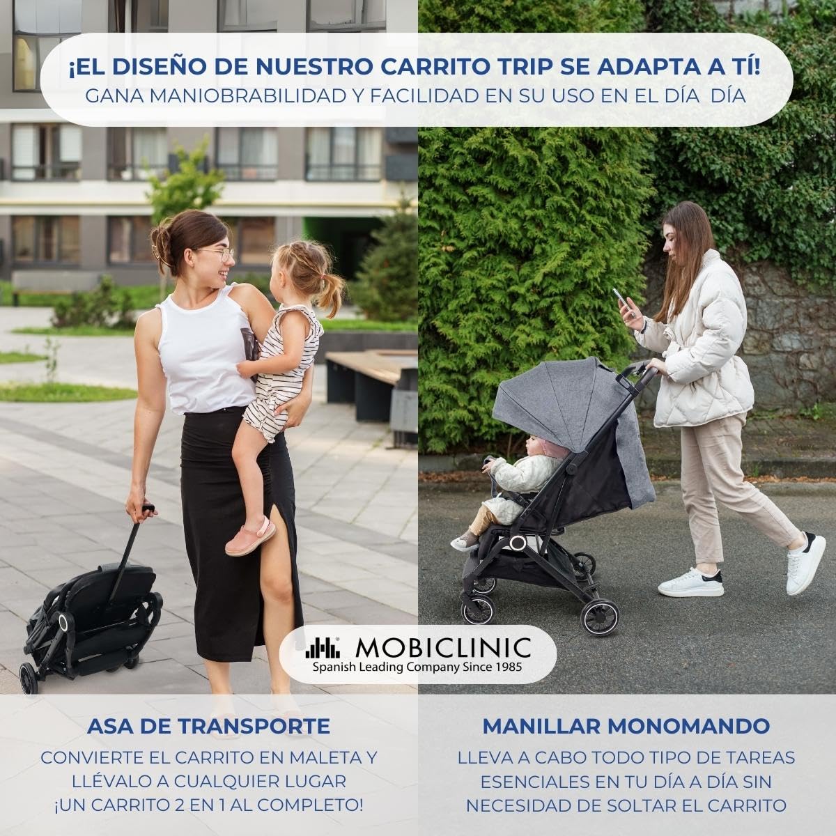 Mobiclinic® kids, Silla de paseo, Ultracompacta, Trip, Arnés con 5 puntos, Manillar para transporte, Cesta, 0-36 meses, Ajustable al completo, Monomando, Capota desplegable, Frenos bloqueables