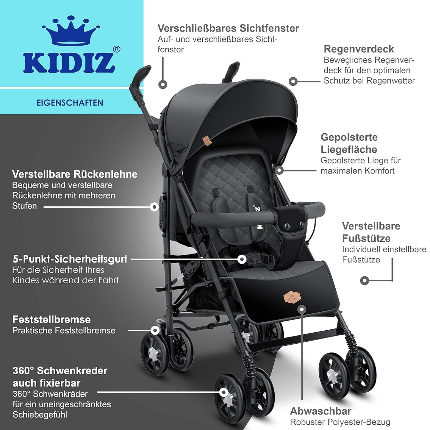 Cochecito KIDIZ® City-Pro Reclinable y Plegable, Ruedas Giratorias 360°, con Mosquitera, Cubrepiés y Plástico de Lluvia Incluidos