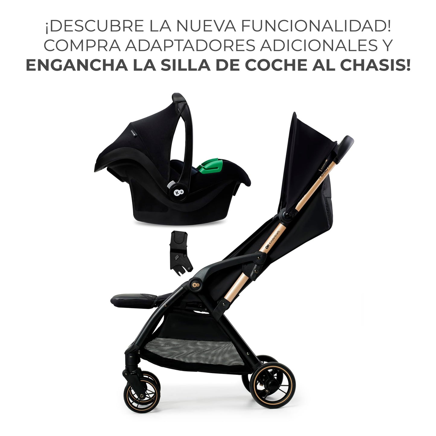 Kinderkraft APINO Silla de Paseo Ligera con Plegado Automático, Respaldo Reclinable y Posición Tumbada, Impermeable, hasta 24 kg, Color Negro