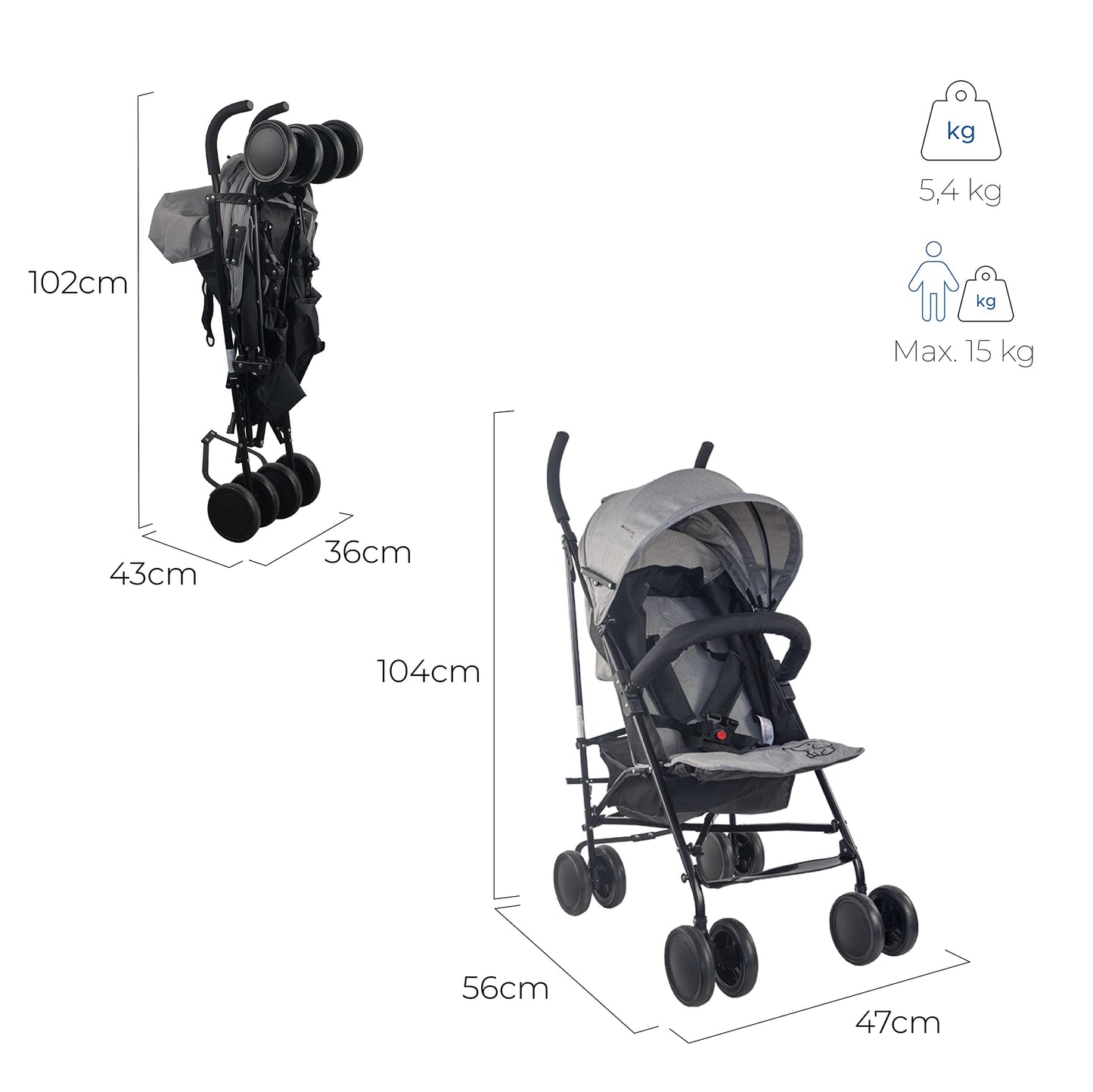 Mobiclinic Elefant Silla de Paseo Ligera y Plegable, Respaldo Reclinable, Arnés de 5 Puntos, Ruedas Extraíbles, Sistema de Seguridad Doble, Color Gris y Negro