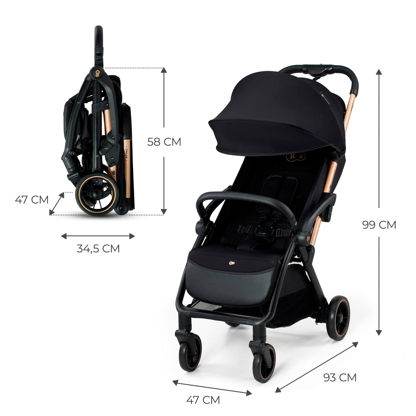 Kinderkraft APINO Silla de Paseo Ligera con Plegado Automático, Respaldo Reclinable y Posición Tumbada, Impermeable, hasta 24 kg, Color Negro