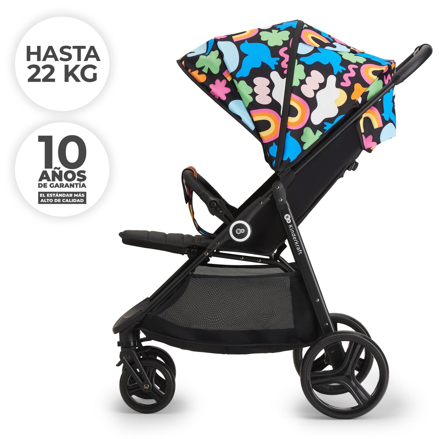 Kinderkraft GRANDE PLUS Silla de Paseo Ligera desde el Nacimiento hasta 22 kg, Plegado con una Mano, Respaldo Reclinable hasta Posición Tumbada, Suspensión Completa y Capota XL – Diseño Happy Shapes