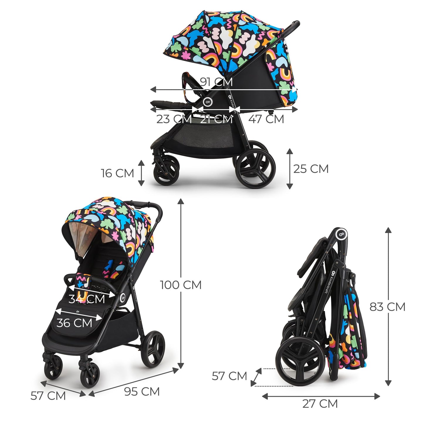 Kinderkraft GRANDE PLUS Silla de Paseo Ligera desde el Nacimiento hasta 22 kg, Plegado con una Mano, Respaldo Reclinable hasta Posición Tumbada, Suspensión Completa y Capota XL – Diseño Happy Shapes