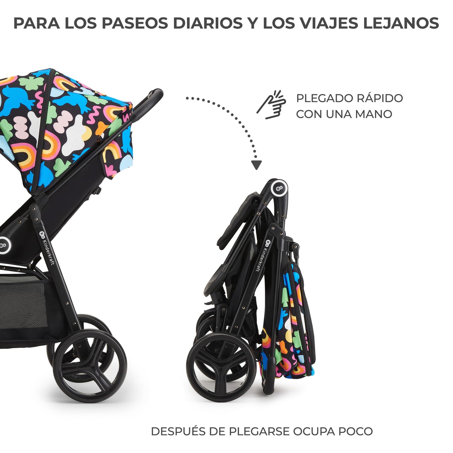 Kinderkraft GRANDE PLUS Silla de Paseo Ligera desde el Nacimiento hasta 22 kg, Plegado con una Mano, Respaldo Reclinable hasta Posición Tumbada, Suspensión Completa y Capota XL – Diseño Happy Shapes