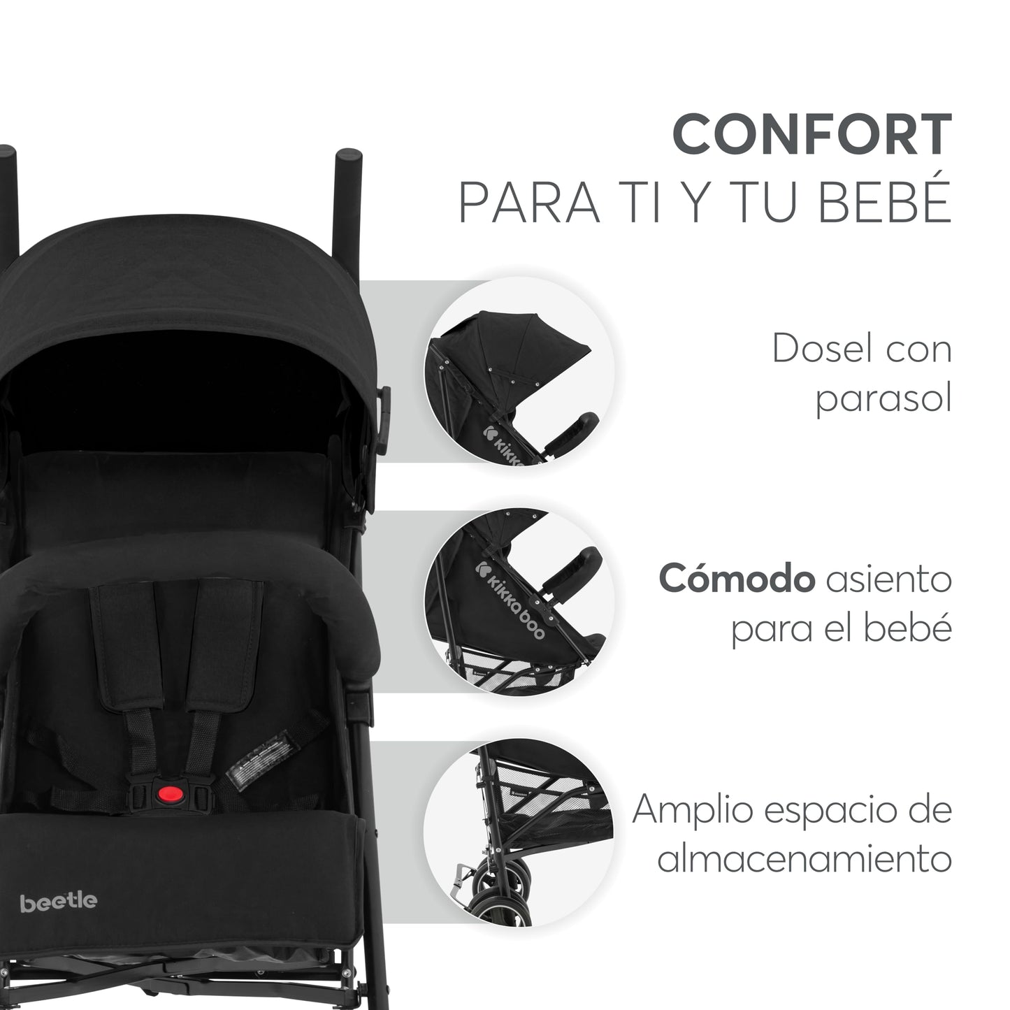 Silla de Paseo KikkaBoo BEETLE, Ligera y Compacta, Plegado Fácil, Apta hasta 22 kg, Color Negro