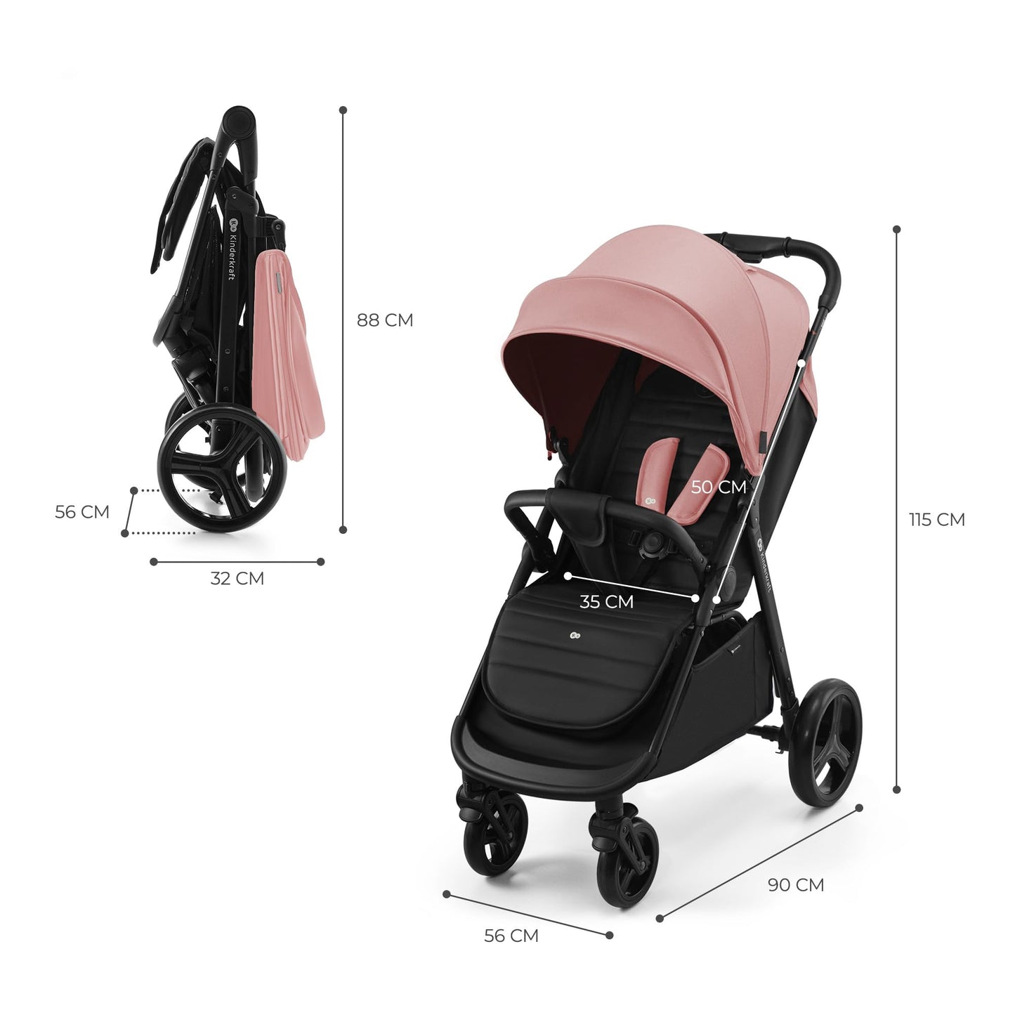 Kinderkraft RINE Silla de Paseo, Carrito bebé, cochecito bebé, Suspensión, Impermeable con UPF 50+, Plegable, Fácil de Plegar, Rosa