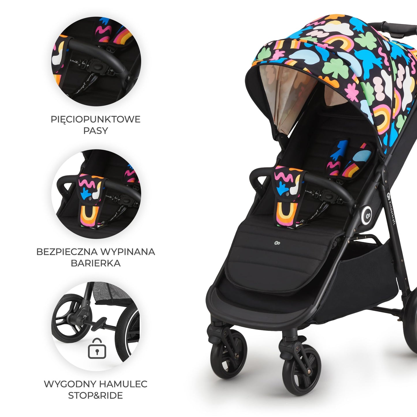 Kinderkraft GRANDE PLUS Silla de Paseo Ligera desde el Nacimiento hasta 22 kg, Plegado con una Mano, Respaldo Reclinable hasta Posición Tumbada, Suspensión Completa y Capota XL – Diseño Happy Shapes
