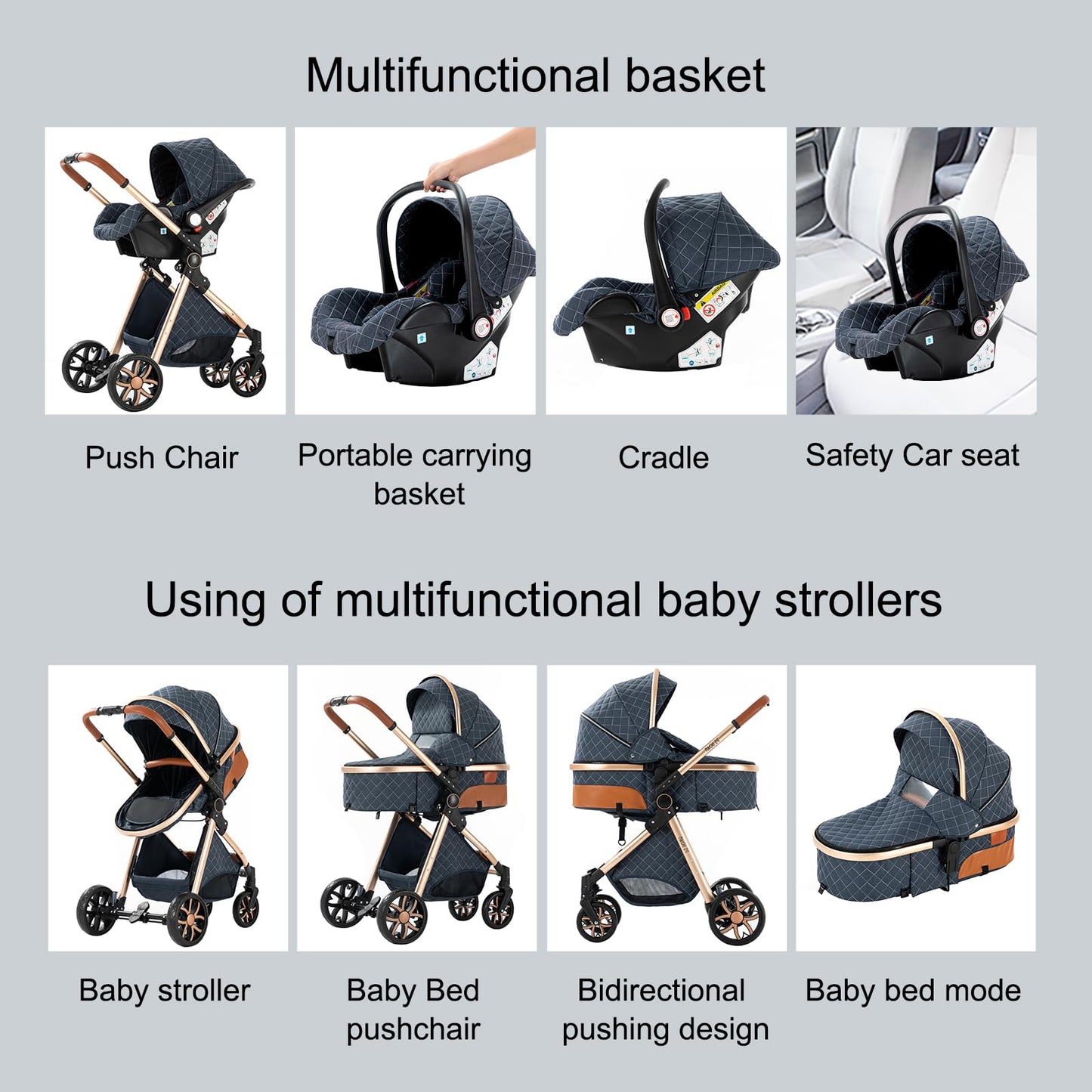 MoLi Carrito de Bebe 3 en 1, Carro 3 Piezas Plegado Conveniente con Un Solo Clic, Carrito Bebe con Modo de Doble Empuje Reversible, Cochecito Tres Piezas Paisaje Alto (225 Black Gold)