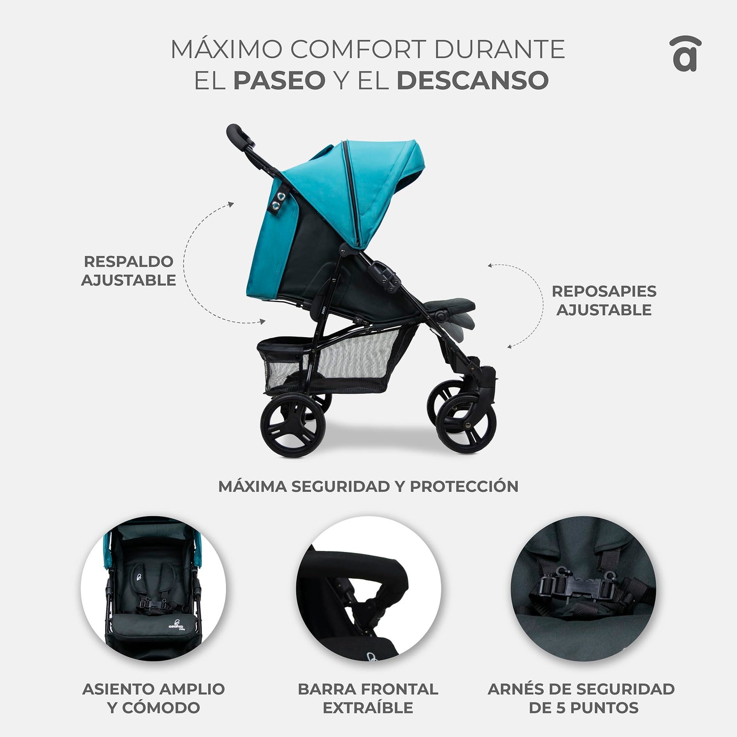 Silla de Paseo Ultraligera Asalvo CÁDIZ para Bebé, Reclinable, con Capota SPF50+ y Ventana, Arnés de 5 Puntos, Hasta 17 kg, Color Rosa