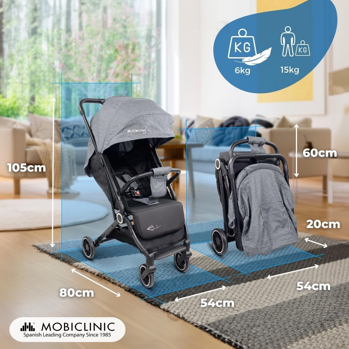 Mobiclinic® kids, Silla de paseo, Ultracompacta, Trip, Arnés con 5 puntos, Manillar para transporte, Cesta, 0-36 meses, Ajustable al completo, Monomando, Capota desplegable, Frenos bloqueables