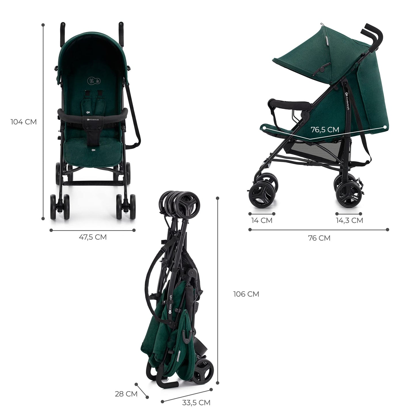 Kinderkraft TIK Silla de Paseo Ligera y Plegable, Respaldo Reclinable hasta Posición Tumbada, 6,5 kg, Material Impermeable, Color Verde