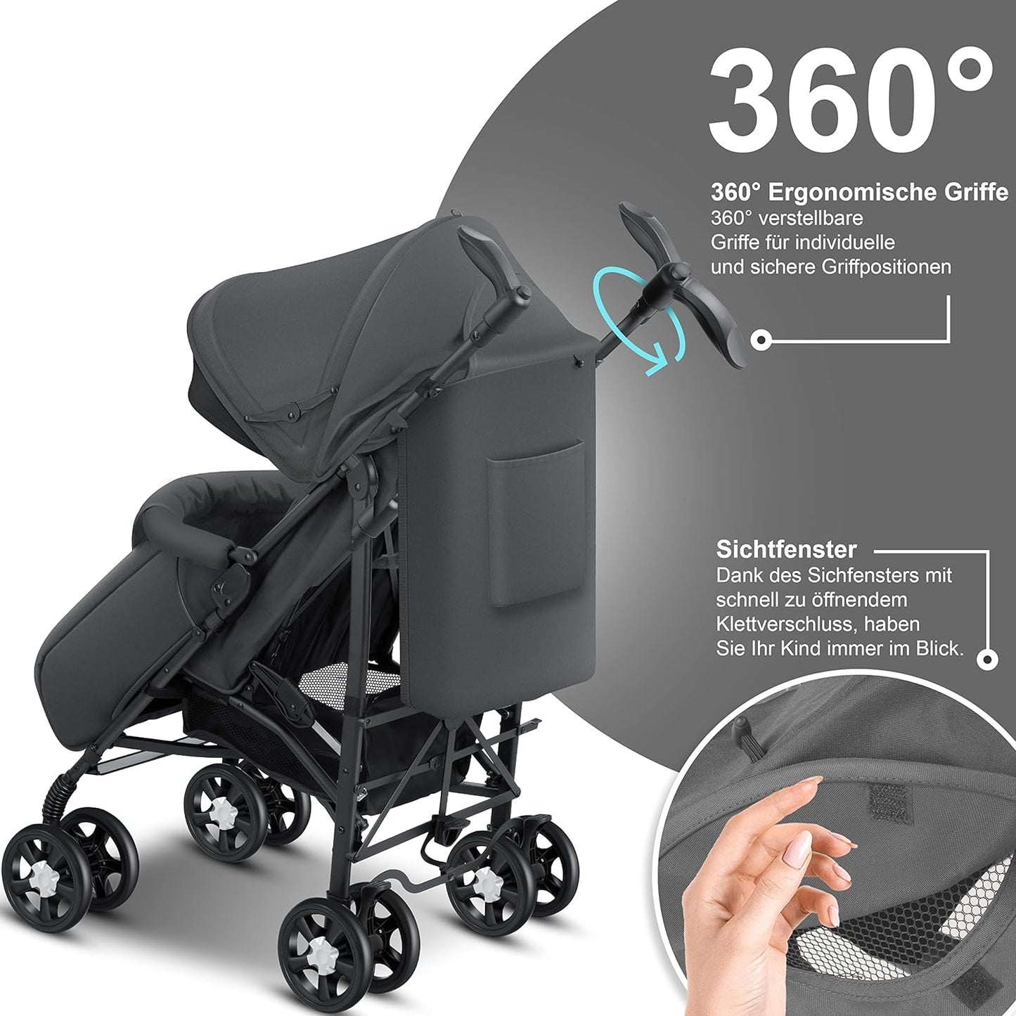 Cochecito KIDIZ® City-Pro Reclinable y Plegable, Ruedas Giratorias 360°, con Mosquitera, Cubrepiés y Plástico de Lluvia Incluidos
