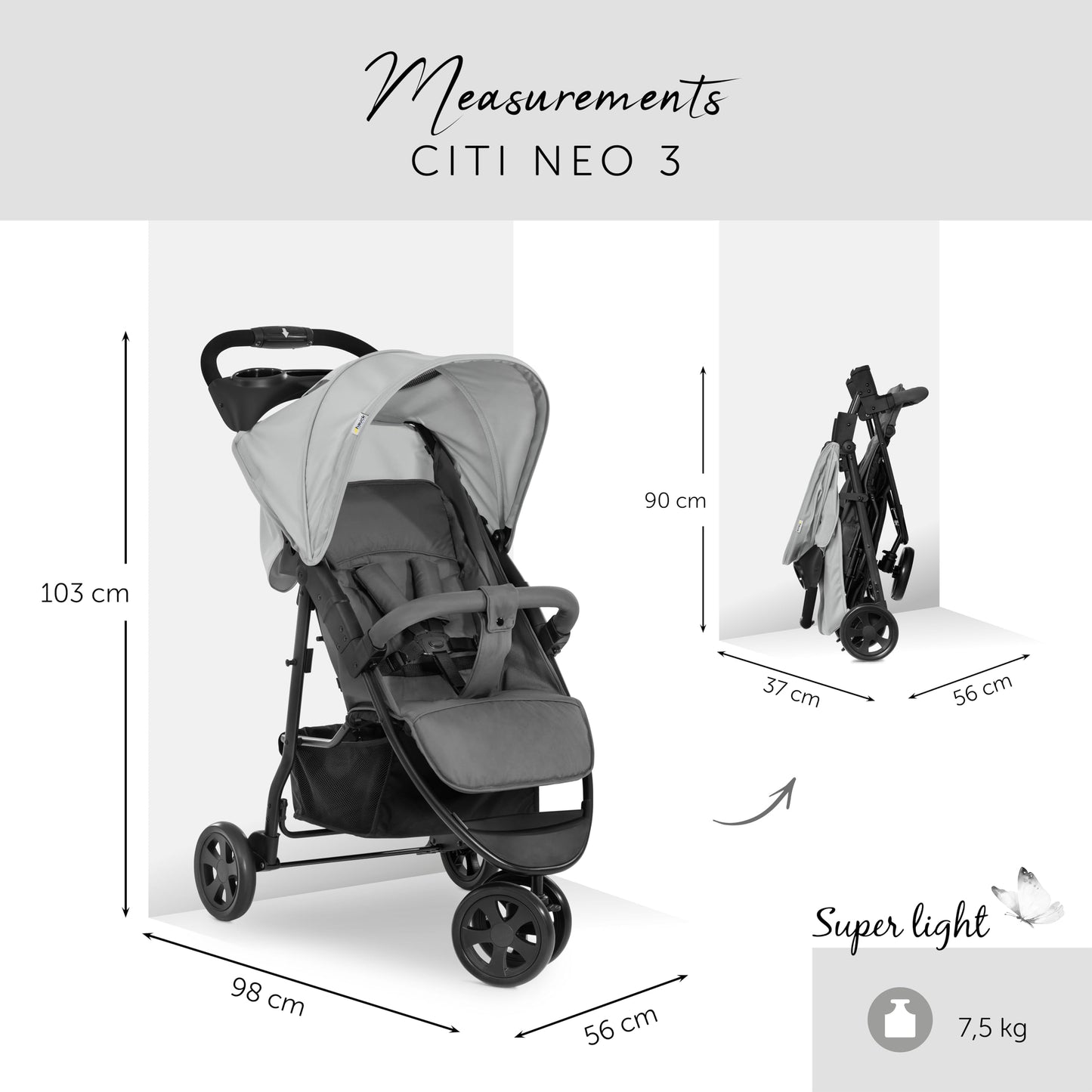 hauck Citi Neo 3 Silla de Paseo Ultraligera con 3 Ruedas, Reclinable desde Recién Nacido hasta 22 kg, Plegado Compacto, Color Gris
