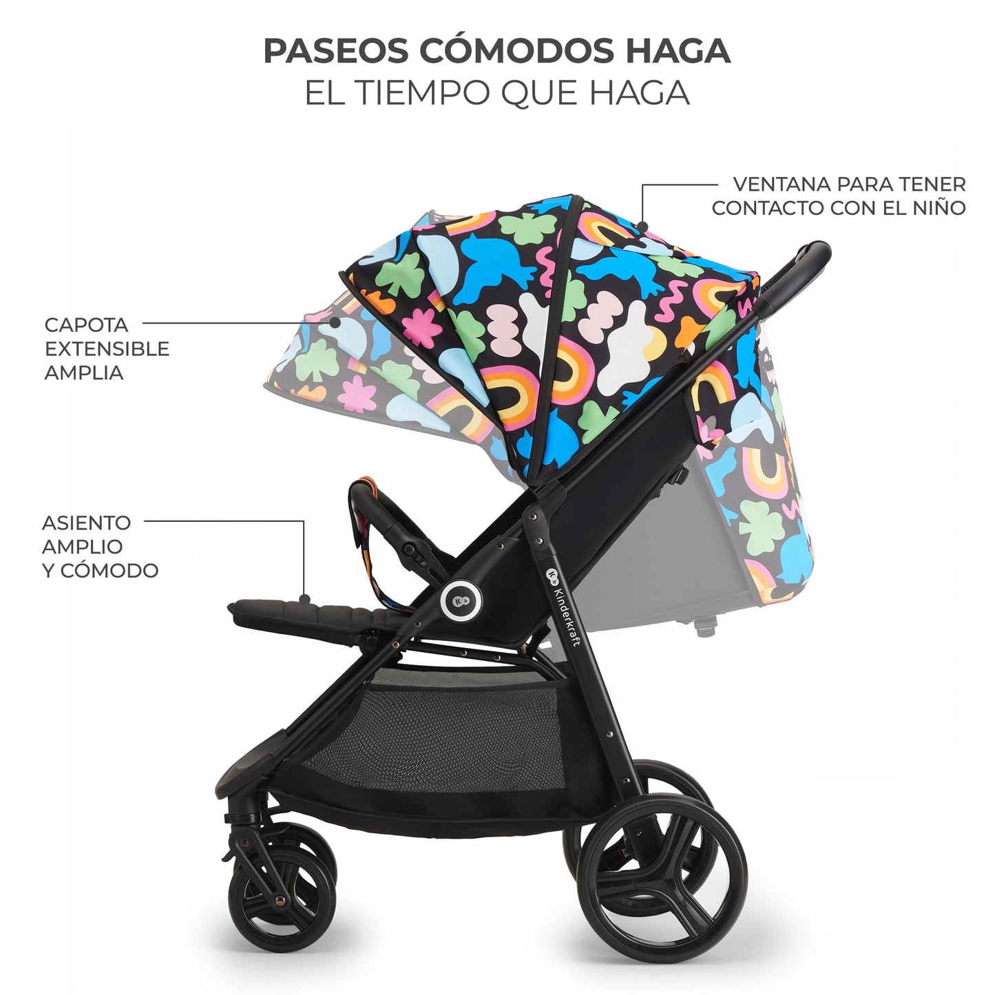 Kinderkraft GRANDE PLUS Silla de Paseo Ligera desde el Nacimiento hasta 22 kg, Plegado con una Mano, Respaldo Reclinable hasta Posición Tumbada, Suspensión Completa y Capota XL – Diseño Happy Shapes