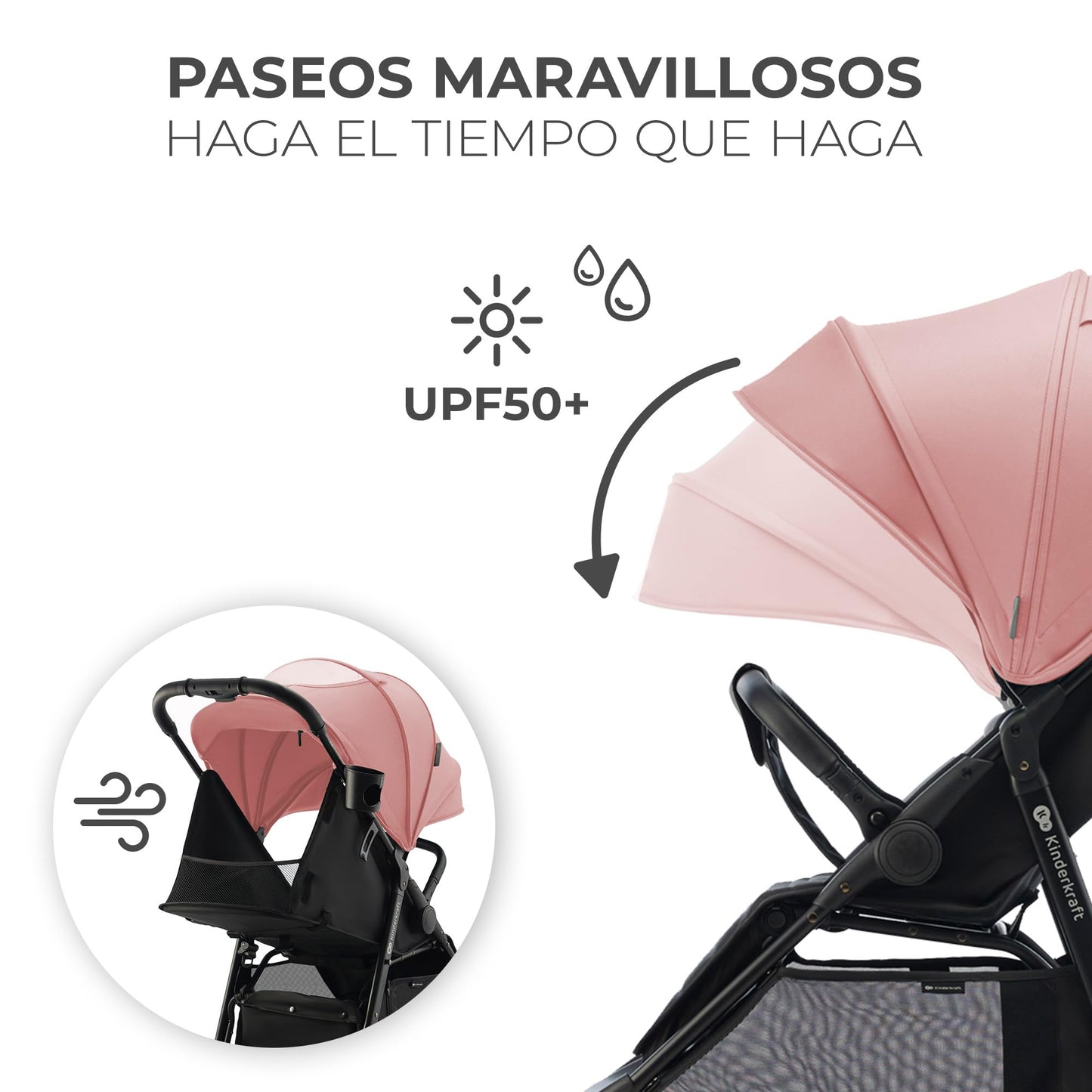 Kinderkraft RINE Silla de Paseo, Carrito bebé, cochecito bebé, Suspensión, Impermeable con UPF 50+, Plegable, Fácil de Plegar, Rosa