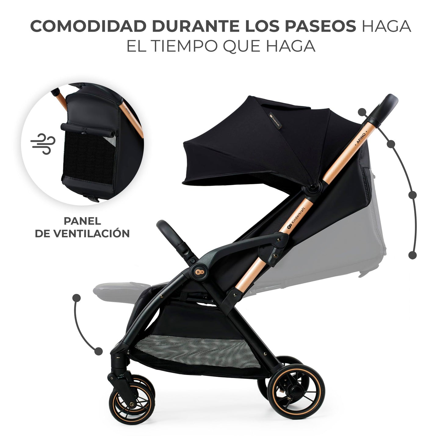 Kinderkraft APINO Silla de Paseo Ligera con Plegado Automático, Respaldo Reclinable y Posición Tumbada, Impermeable, hasta 24 kg, Color Negro