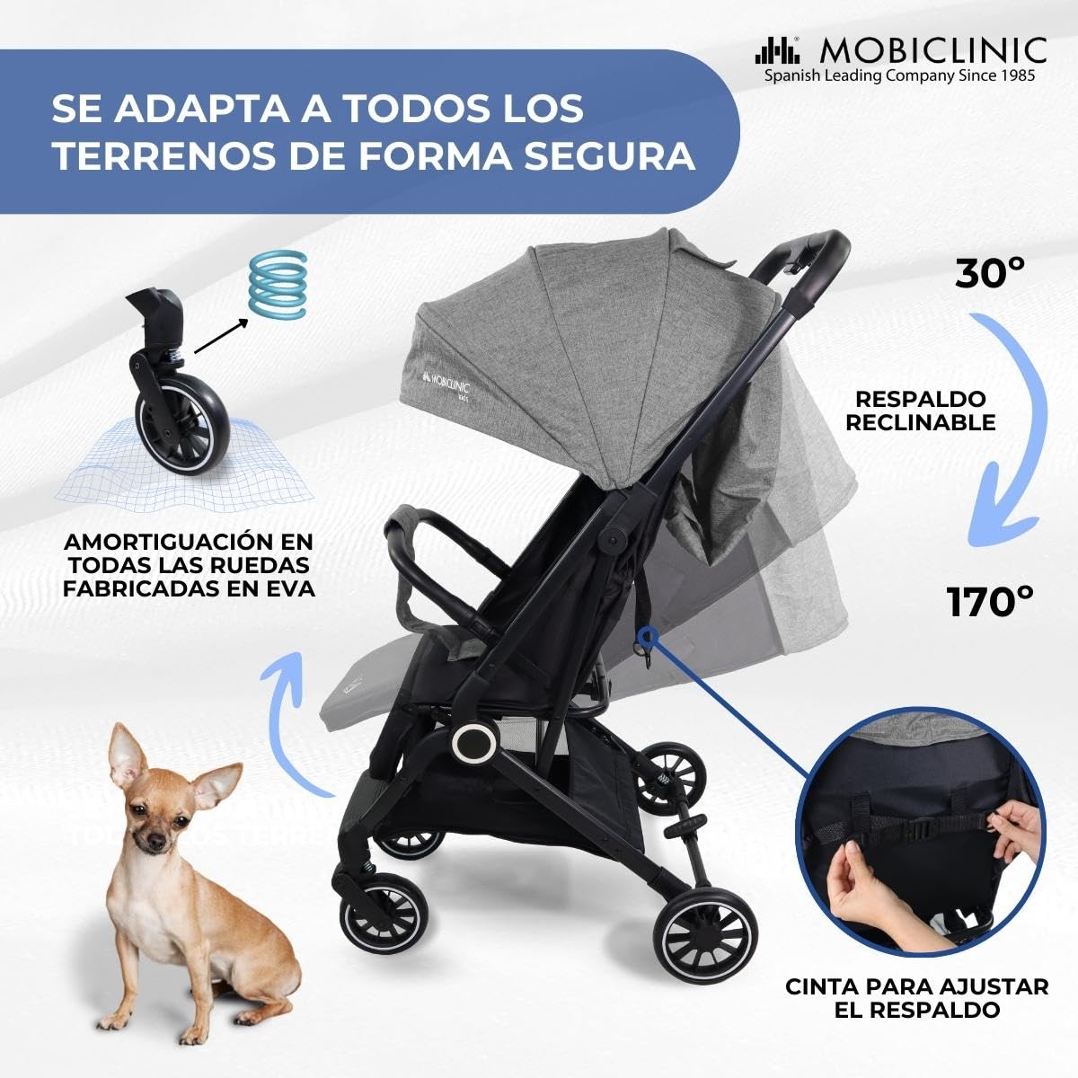 Mobiclinic® kids, Silla de paseo, Ultracompacta, Trip, Arnés con 5 puntos, Manillar para transporte, Cesta, 0-36 meses, Ajustable al completo, Monomando, Capota desplegable, Frenos bloqueables