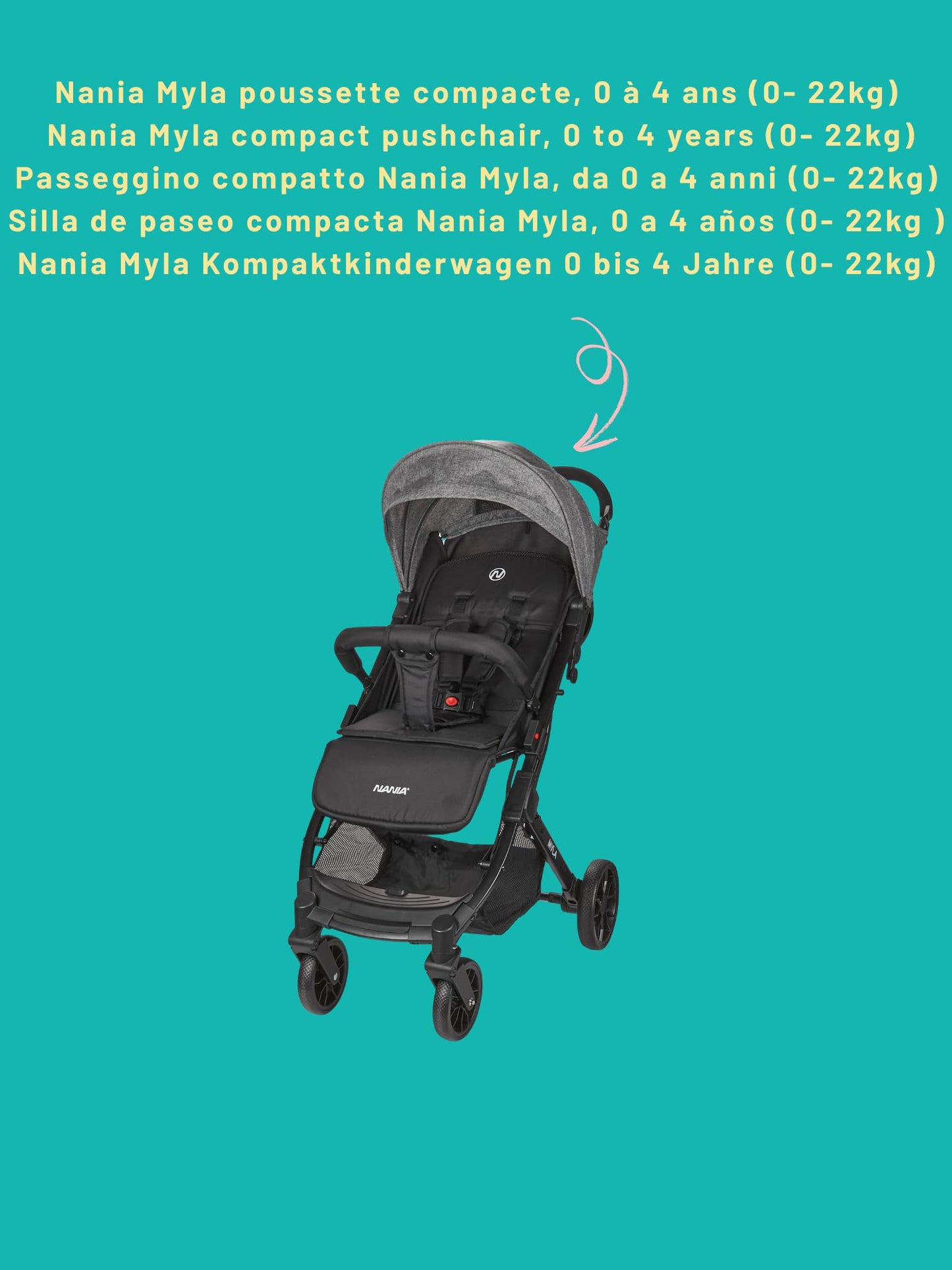 Cochecito de Paseo Nania Myla, Reclinable y Compacto, desde 0 a 4 Años (hasta 22 kg), Plegado tipo Trolley, Ligero (7,5 kg), Gran Cesta de Almacenamiento