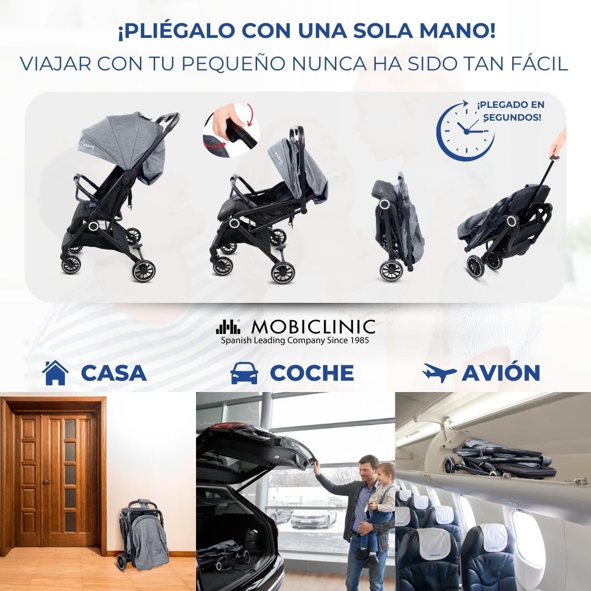 Mobiclinic® kids, Silla de paseo, Ultracompacta, Trip, Arnés con 5 puntos, Manillar para transporte, Cesta, 0-36 meses, Ajustable al completo, Monomando, Capota desplegable, Frenos bloqueables