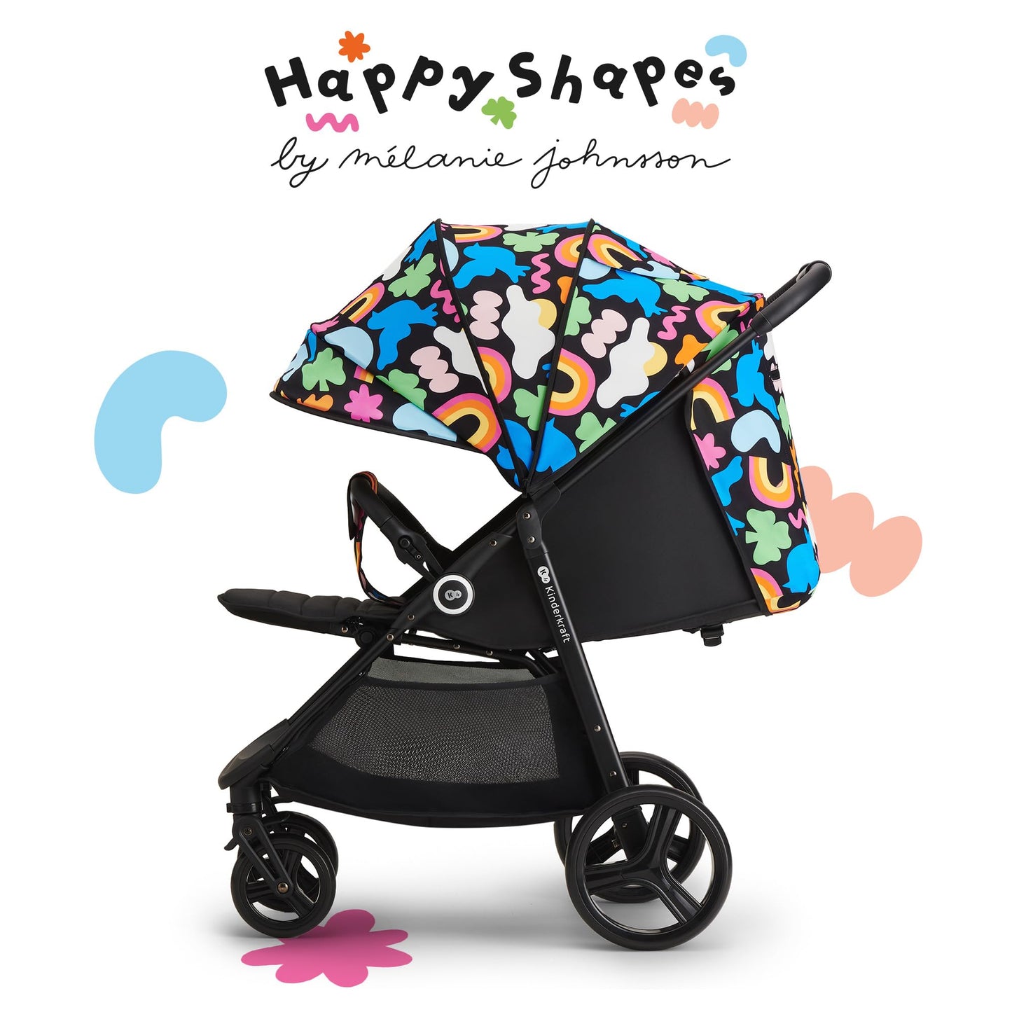 Kinderkraft GRANDE PLUS Silla de Paseo Ligera desde el Nacimiento hasta 22 kg, Plegado con una Mano, Respaldo Reclinable hasta Posición Tumbada, Suspensión Completa y Capota XL – Diseño Happy Shapes