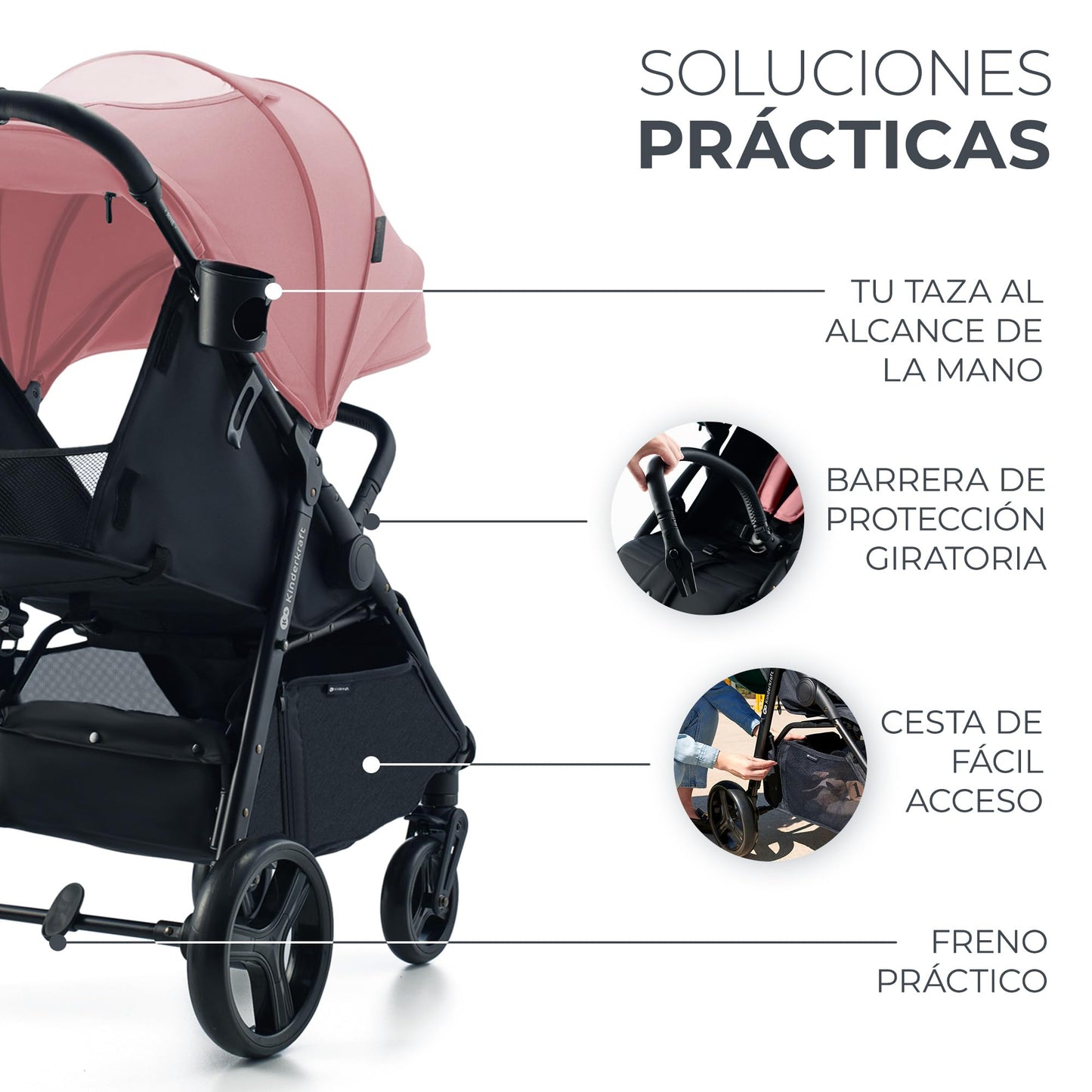 Kinderkraft RINE Silla de Paseo, Carrito bebé, cochecito bebé, Suspensión, Impermeable con UPF 50+, Plegable, Fácil de Plegar, Rosa