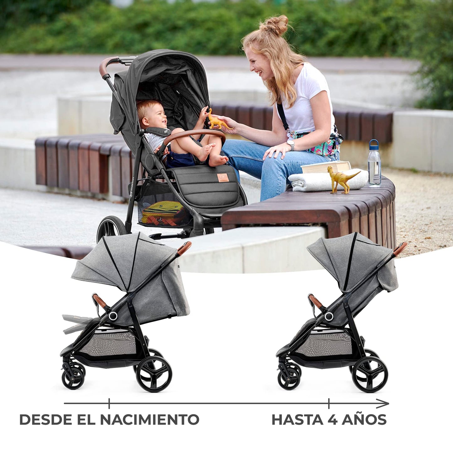 Kinderkraft GRANDE PLUS Carrito de Bebé Ligero, desde Recién Nacido hasta 22 kg, Plegado Fácil con Una Mano, Respaldo Reclinable, Suspensión en las 4 Ruedas, Capota XL, Gris