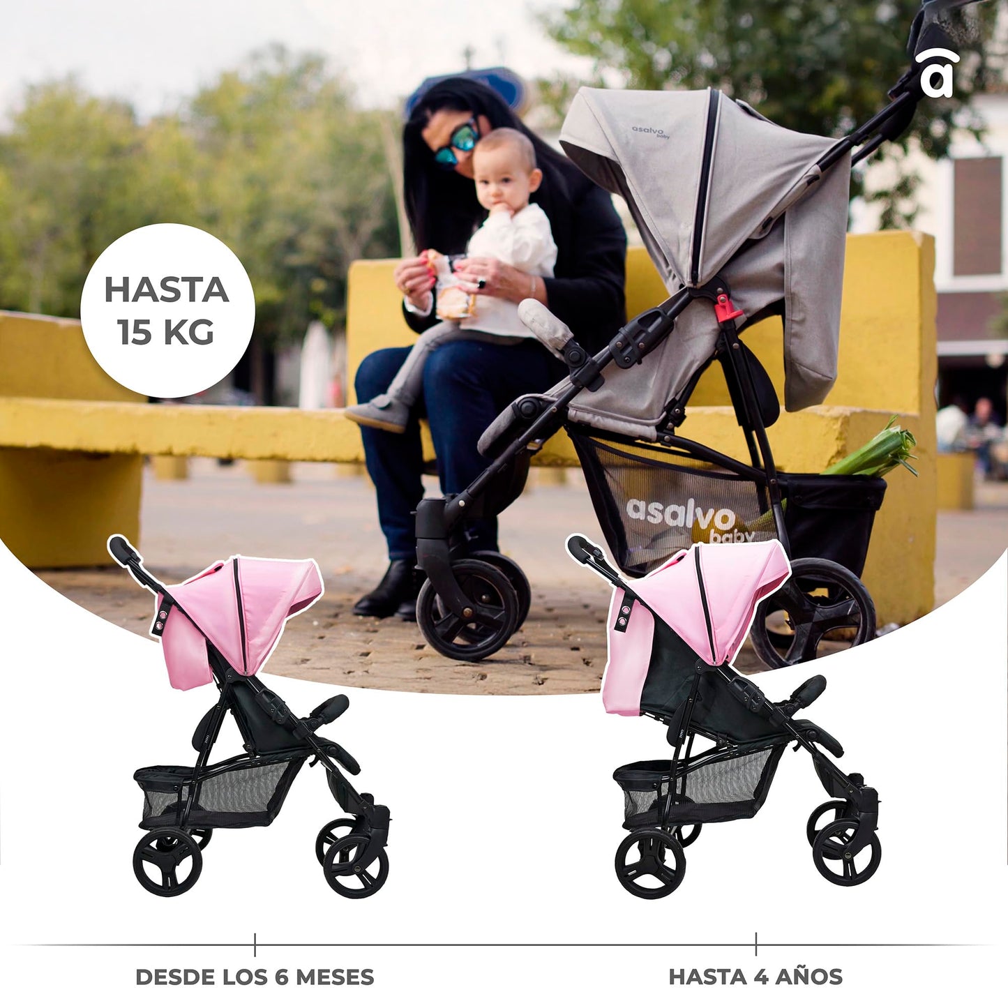 Silla de Paseo Ultraligera Asalvo CÁDIZ para Bebé, Reclinable, con Capota SPF50+ y Ventana, Arnés de 5 Puntos, Hasta 17 kg, Color Rosa