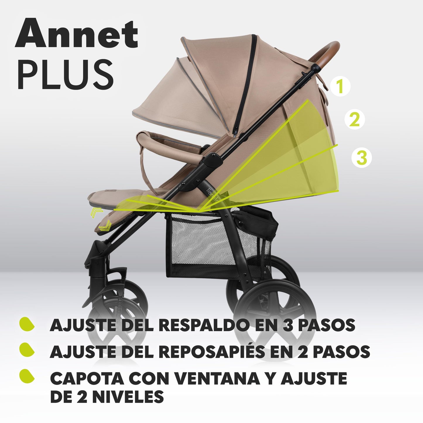 Lionelo Annet Silla de Paseo para Bebés y Niños hasta 22 kg, Respaldo Reclinable hasta Posición Horizontal, Capota XXL con Ventana, Mosquitera y Plegado Fácil – Color Beige