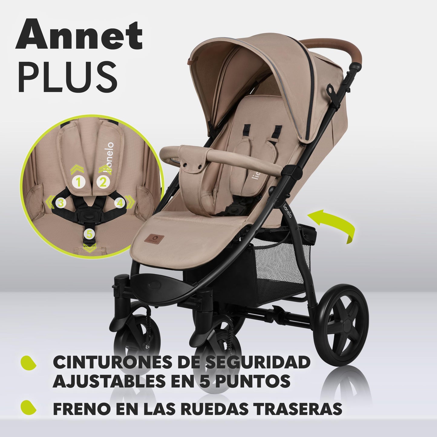 Lionelo Annet Silla de Paseo para Bebés y Niños hasta 22 kg, Respaldo Reclinable hasta Posición Horizontal, Capota XXL con Ventana, Mosquitera y Plegado Fácil – Color Beige