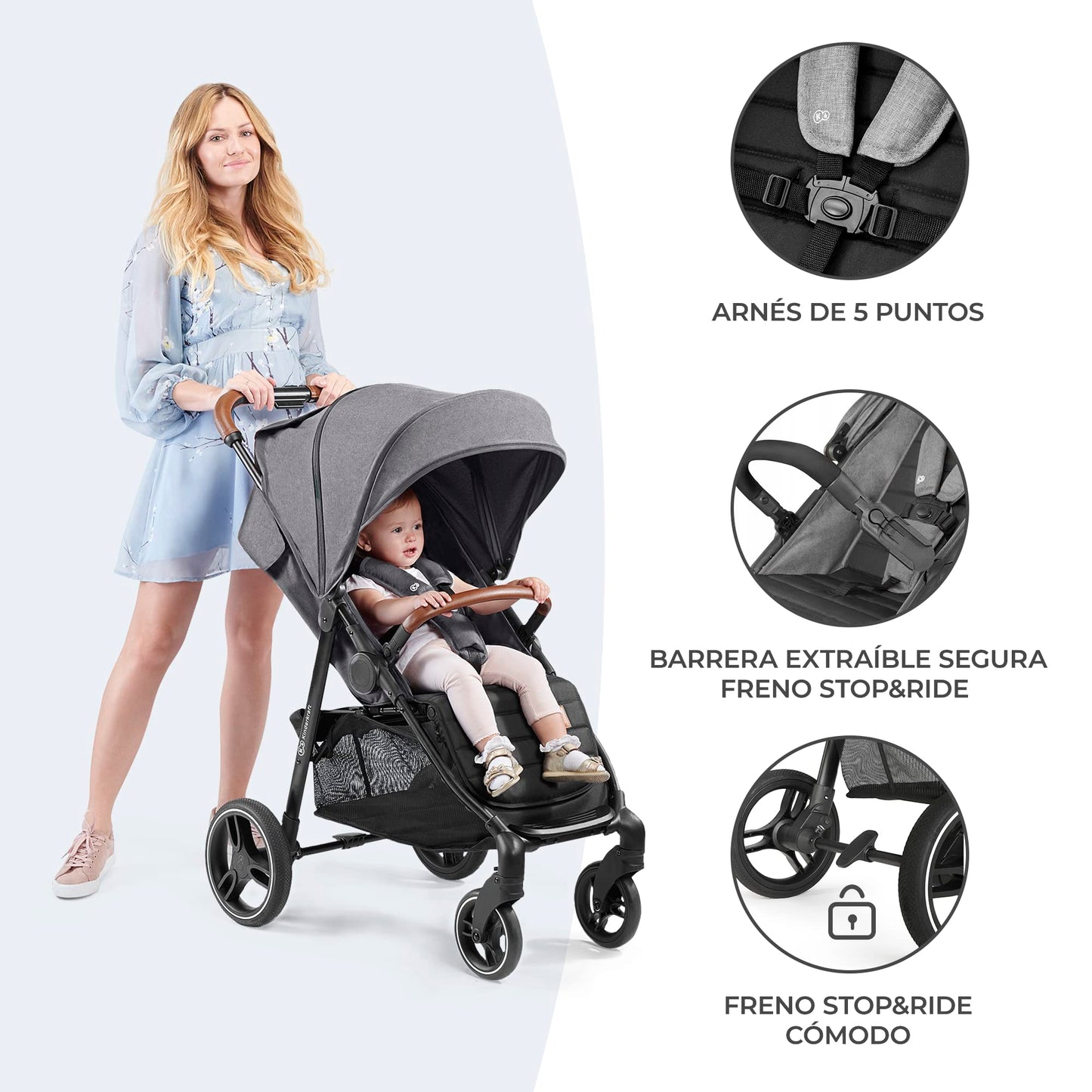 Kinderkraft GRANDE PLUS Carrito de Bebé Ligero, desde Recién Nacido hasta 22 kg, Plegado Fácil con Una Mano, Respaldo Reclinable, Suspensión en las 4 Ruedas, Capota XL, Gris