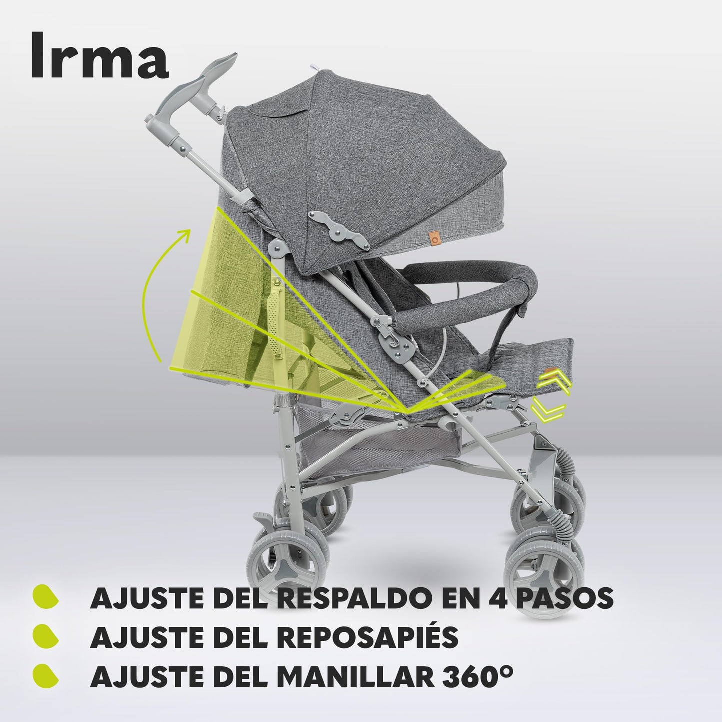 Cochecito LIONELO Irma Reclinable y Plegable, hasta 15 kg, Diseño Ligero y Moderno, Ruedas de 6", Cesta Amplia, Incluye Bolsa y Mosquitera