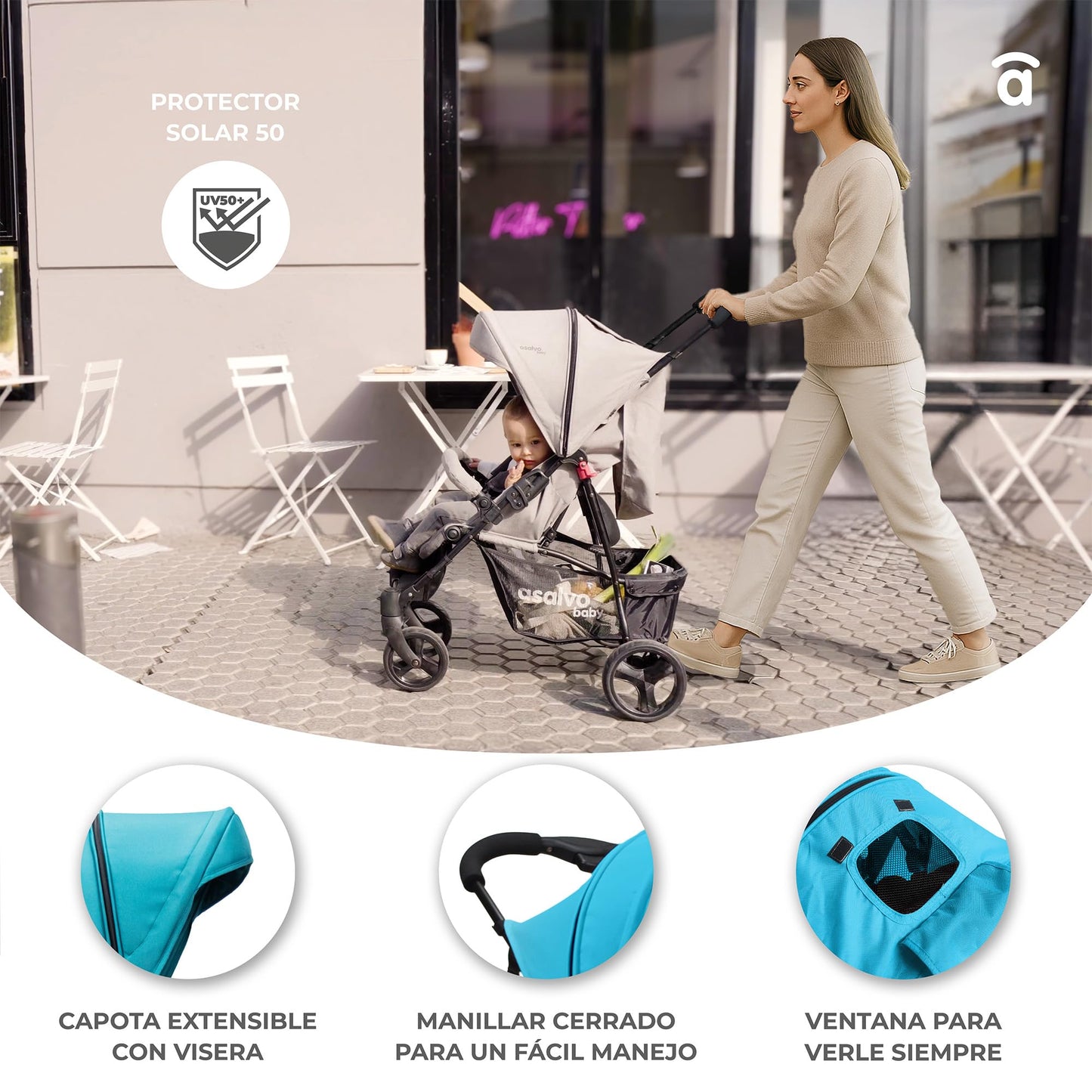 Silla de Paseo Ultraligera Asalvo CÁDIZ para Bebé, Reclinable, con Capota SPF50+ y Ventana, Arnés de 5 Puntos, Hasta 17 kg, Color Rosa